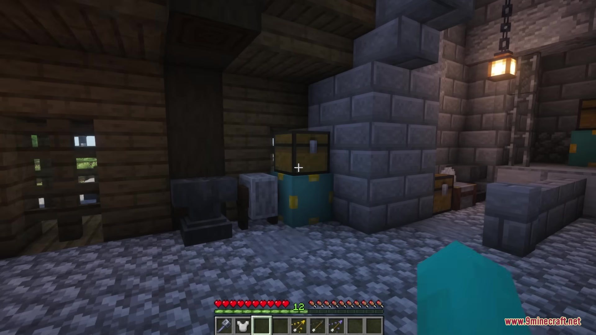 Chestmonster Mod Screenshot 4 A player explores a room containing an anvil and a central storage hub