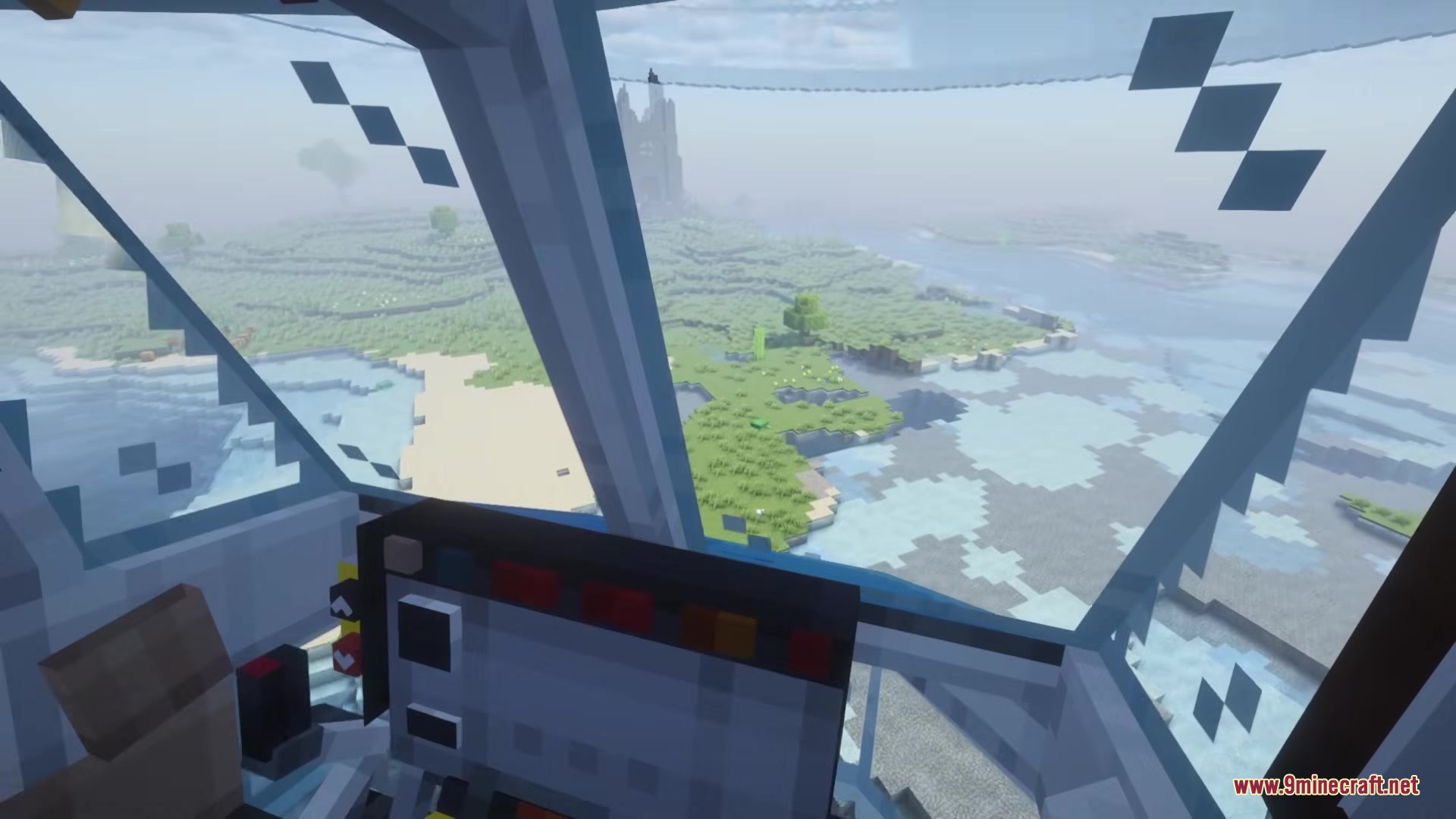Inside the cockpit of a helicopter looking out over a vast Minecraft world