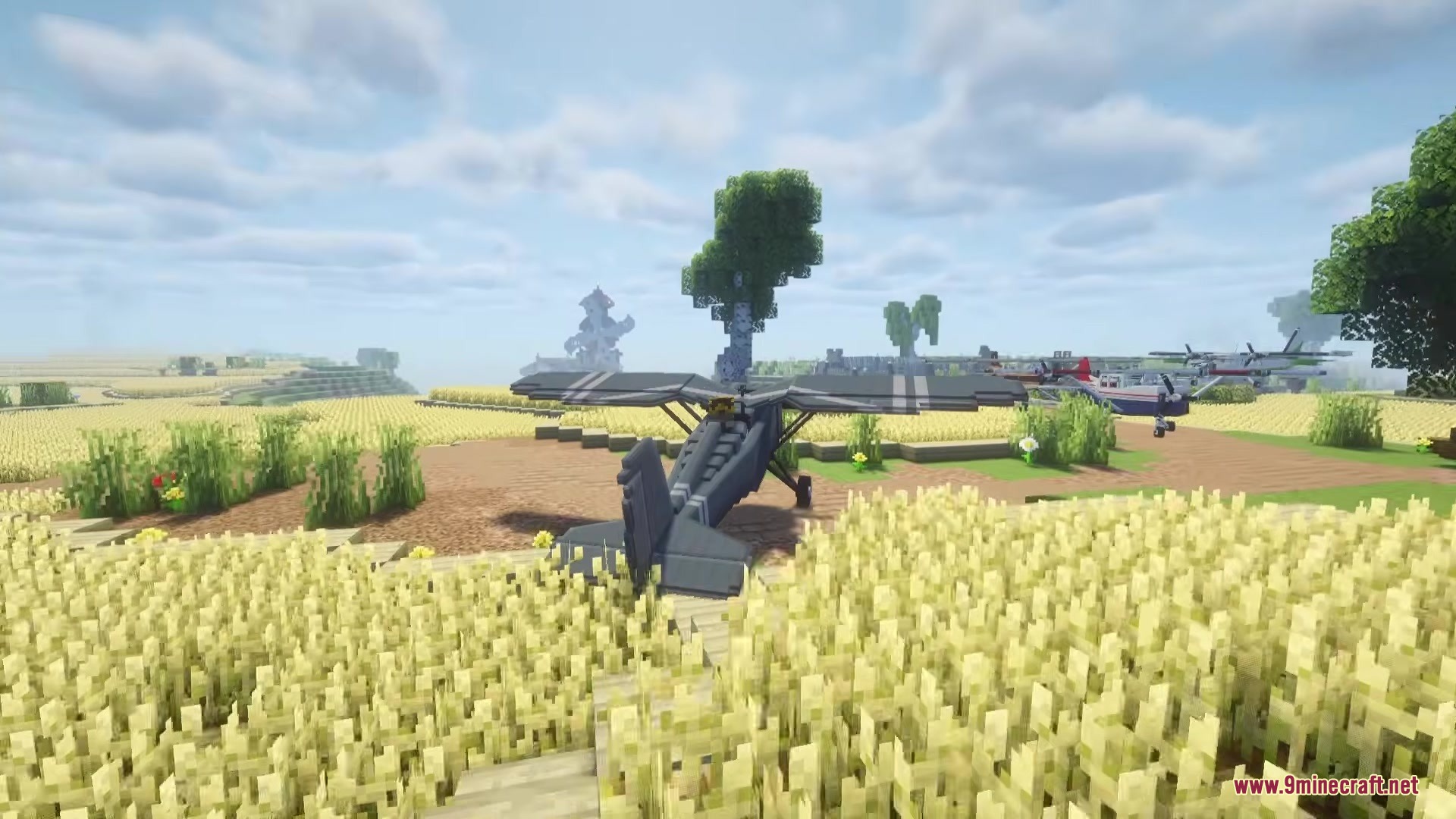A grey civilian airplane parked in a field of golden wheat crops