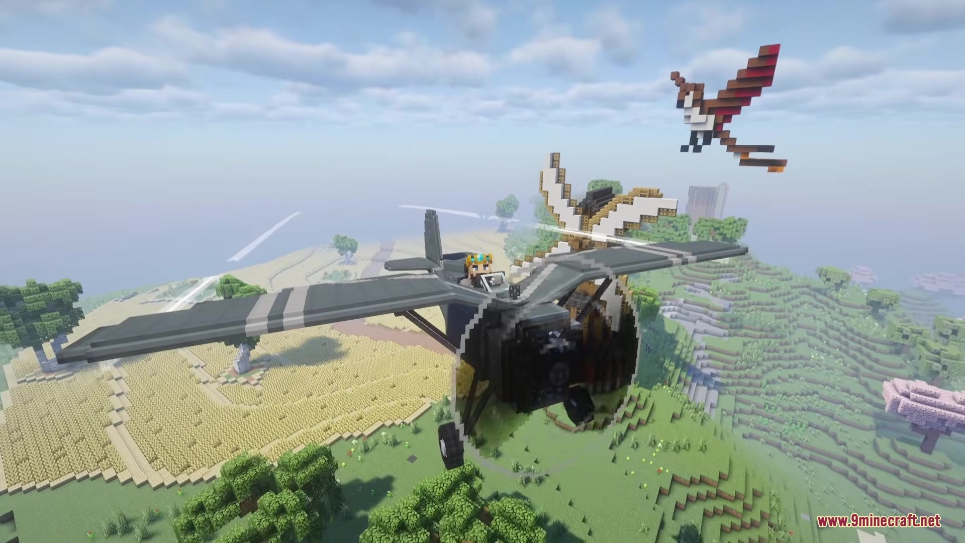 A civilian aircraft flies through the sky above a lush green Minecraft landscape
