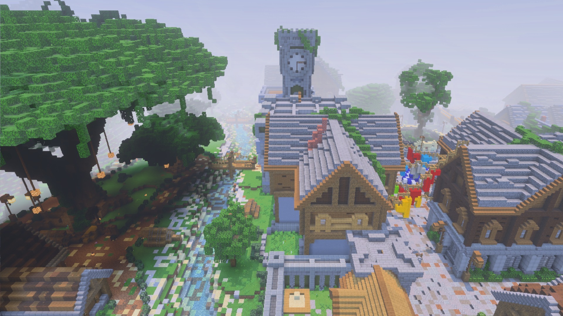 Classic panorama background showing a Minecraft village with beautiful lighting and soft fog