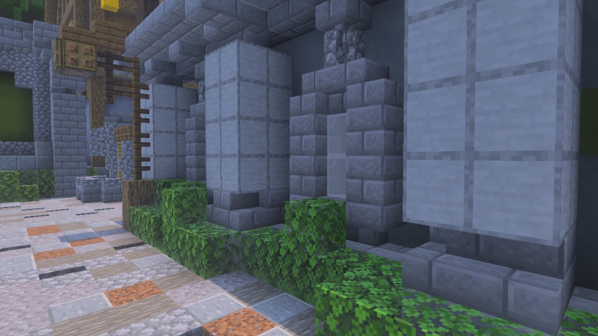 Detailed view of stone building walls and bushes with realistic lighting effects