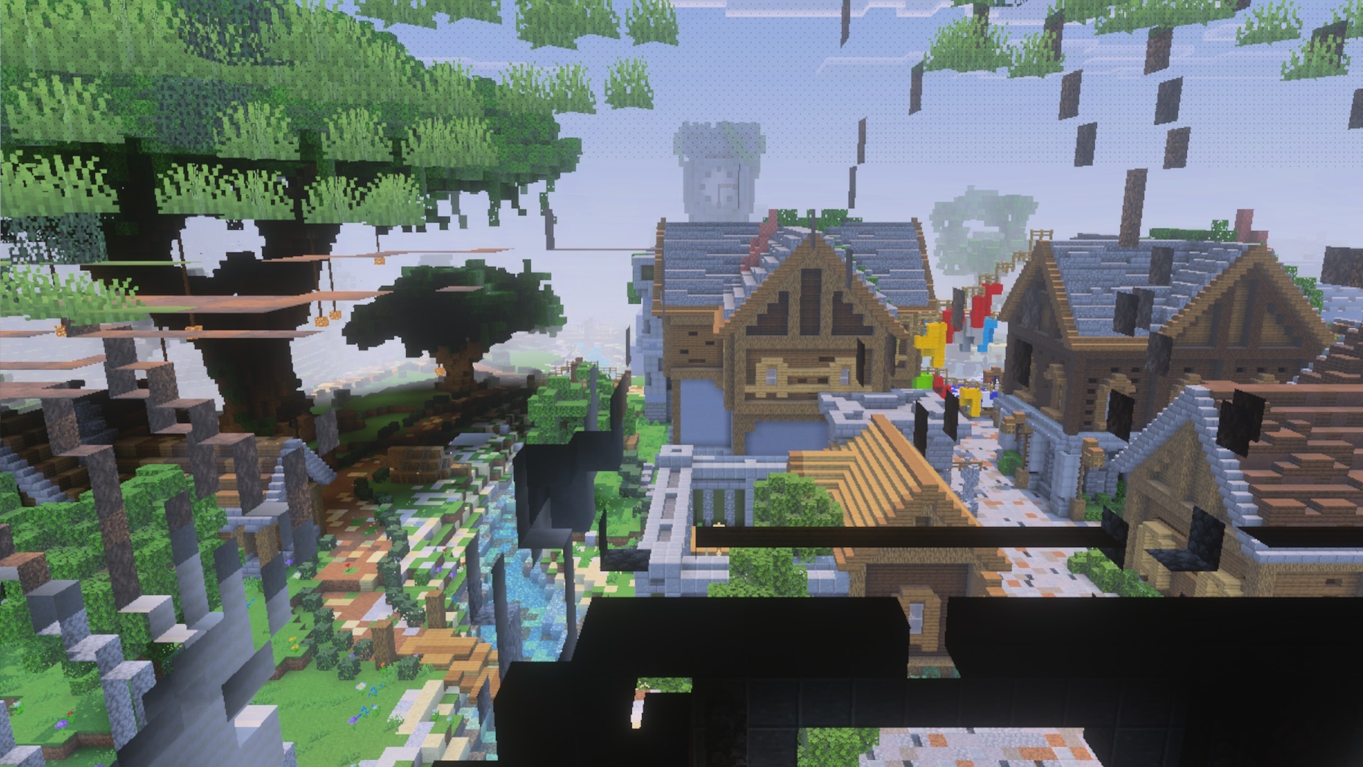 Minecraft village houses and a large tree with enhanced shader lighting effects