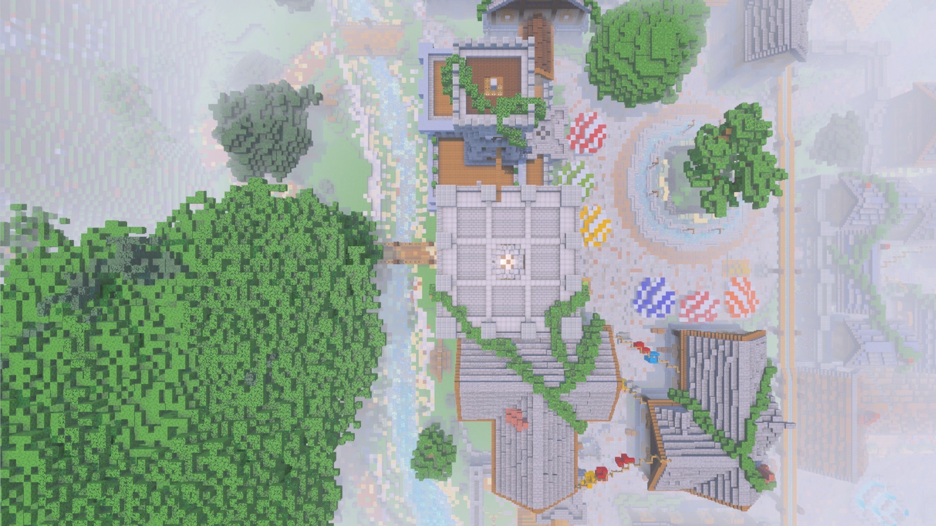 Classic Panorama with Shaders showing a village with colorful stalls and trees