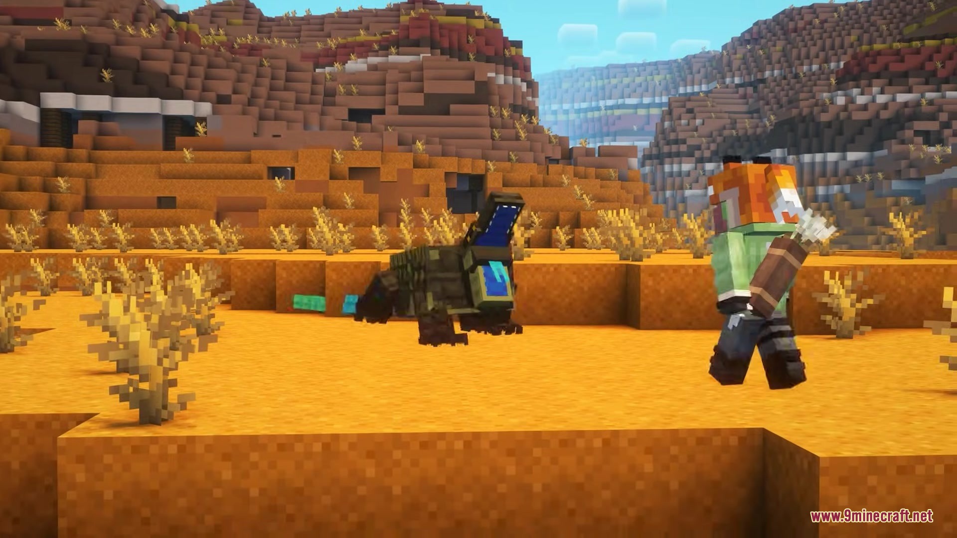 Clockwork by Joo5h Mod Screenshot 1 A player with a fox skin encounters a large lizard in a mesa biome