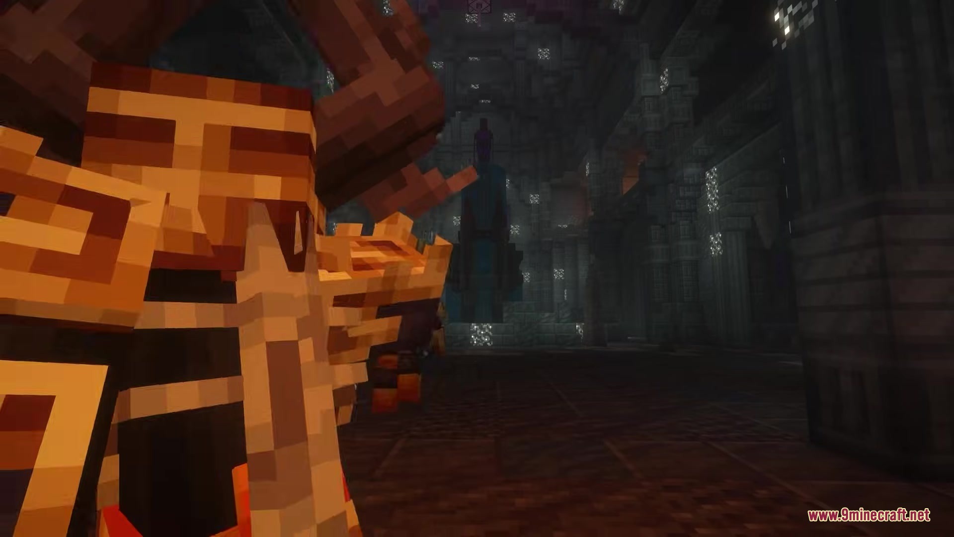 Clockwork by Joo5h Mod Screenshot 3 Player wearing mechanical steampunk armor standing in a dark ancient stone temple