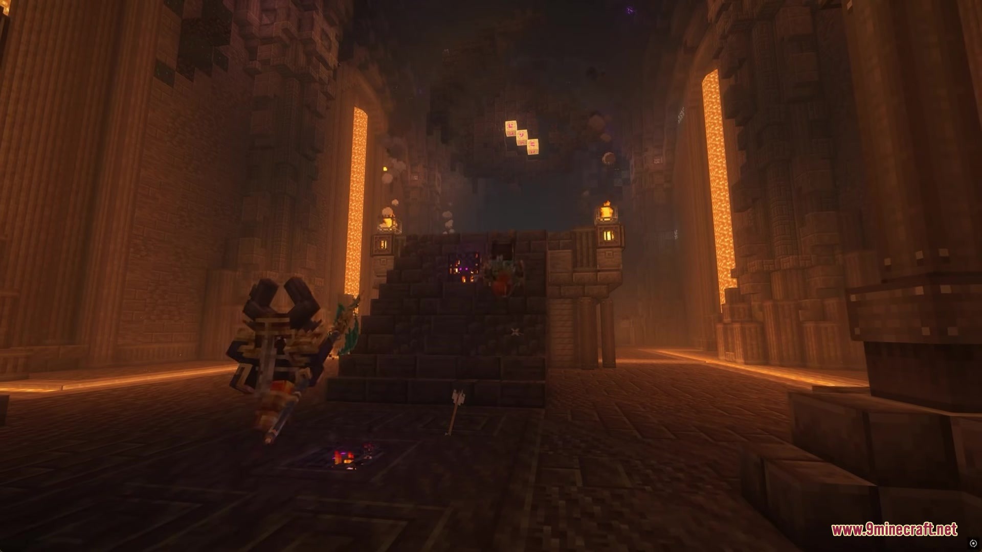 Clockwork by Joo5h Mod Screenshot 4 Player holding a mechanical crossbow in a grand hall with lava pillars