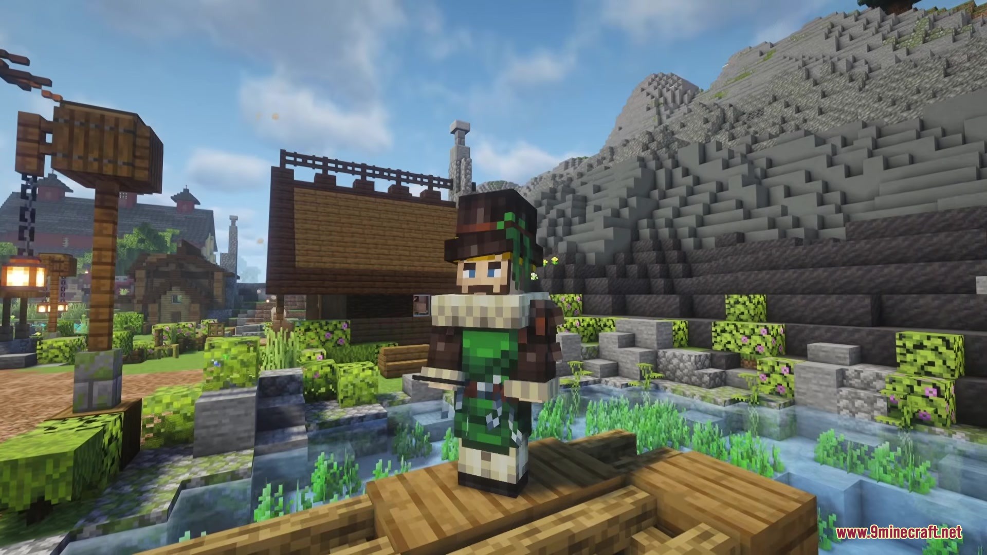Clothing of the Lowlands Mod Screenshot 1 A player wearing a green fantasy outfit stands on a wooden dock