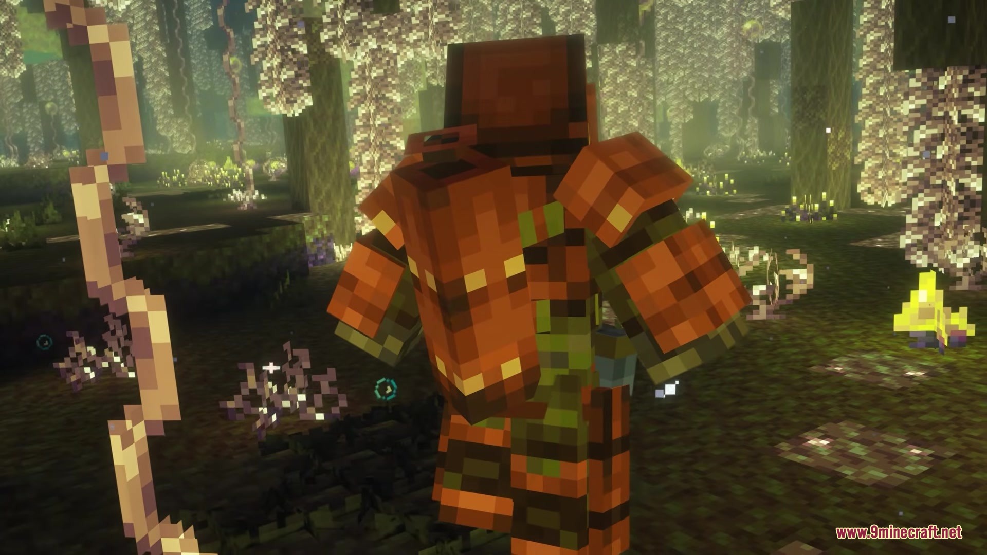 Clothing of the Lowlands Mod Screenshot 12 A player wearing orange layered armor explores a magical forest with hanging vines
