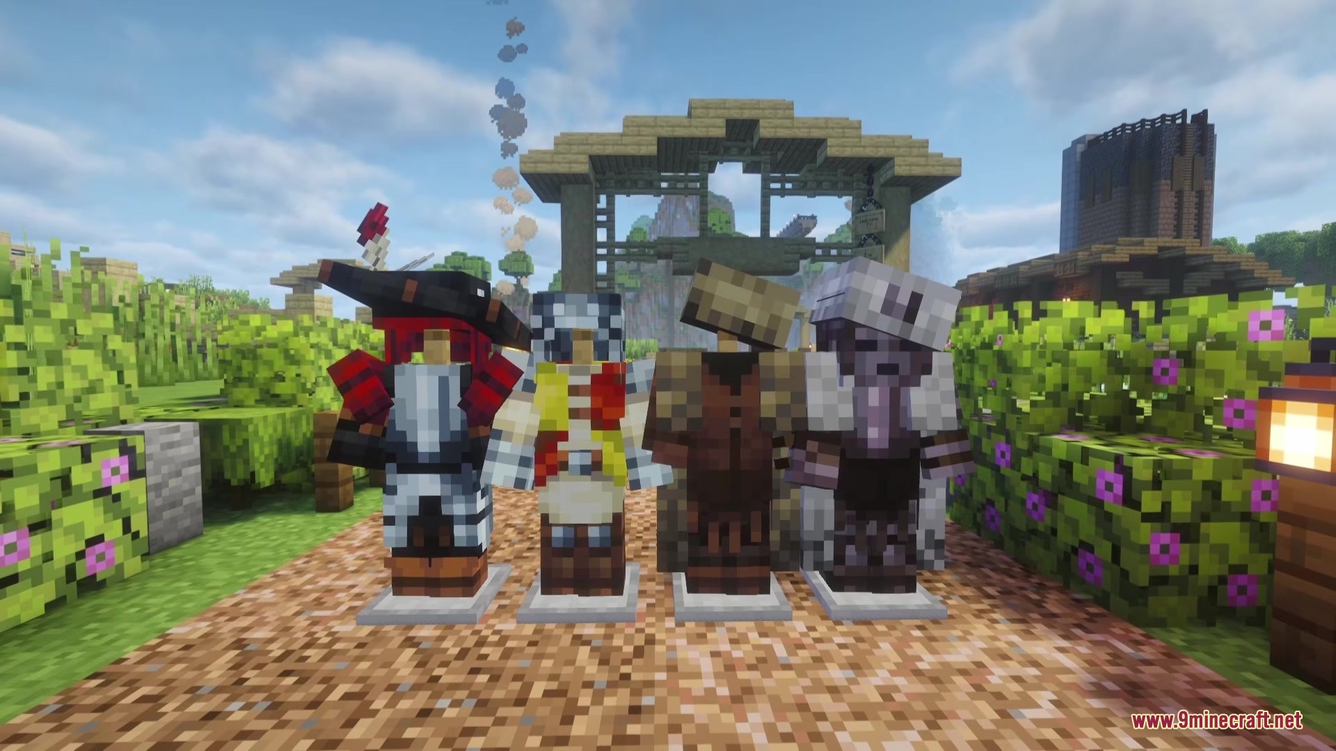 Clothing of the Lowlands Mod Screenshot 2 Four unique armor sets from the Clothing of the Lowlands mod on stands