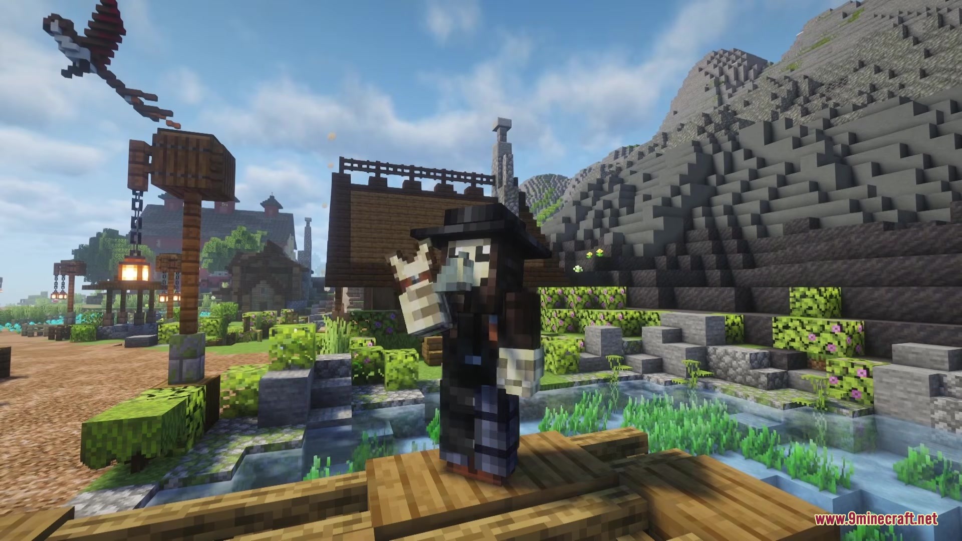 Clothing of the Lowlands Mod Screenshot 3 A player wearing a plague doctor suit standing on a wooden platform