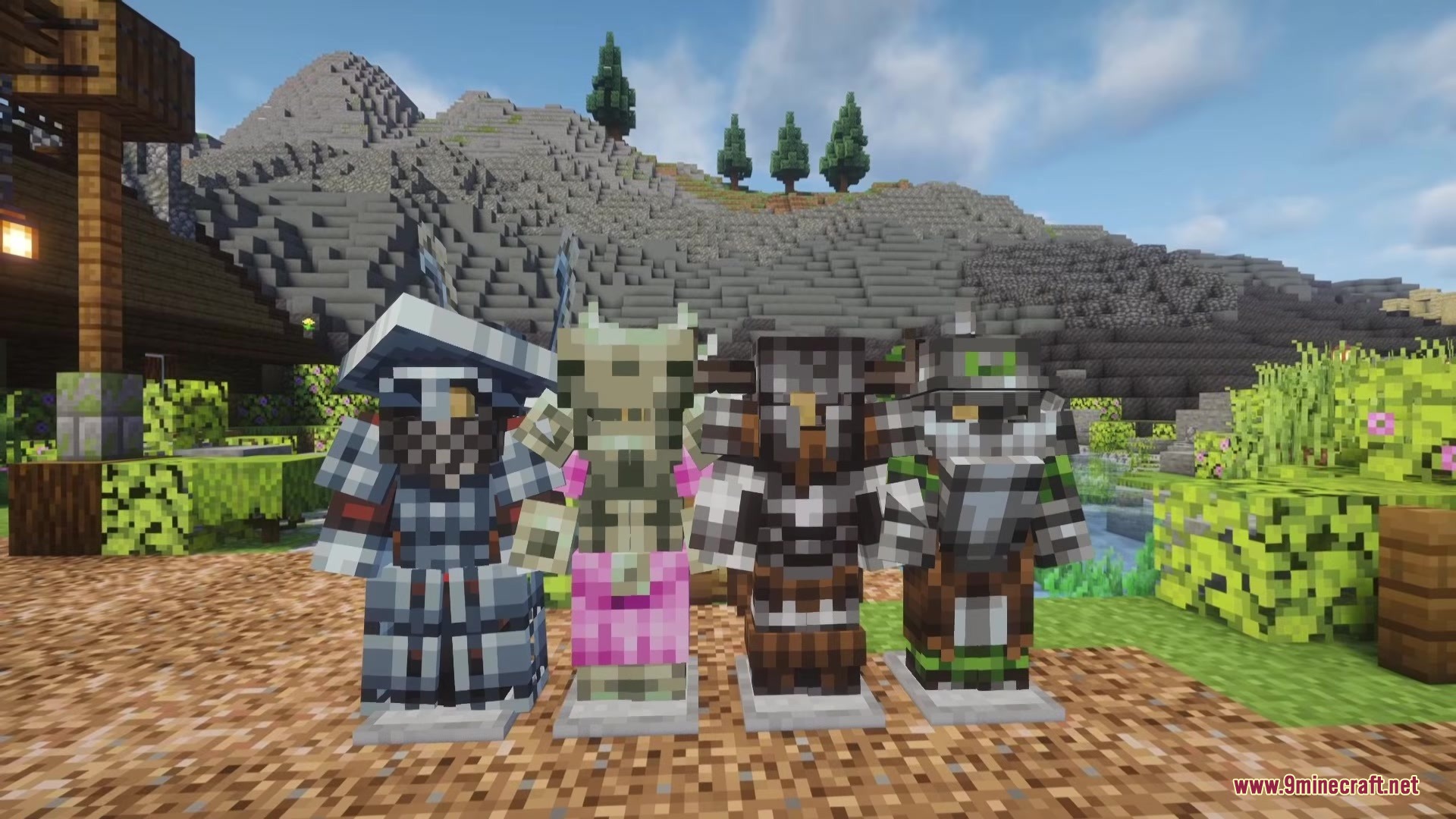 Clothing of the Lowlands Mod Screenshot 4 Four armor stands showing different fantasy outfits in a scenic grassy field