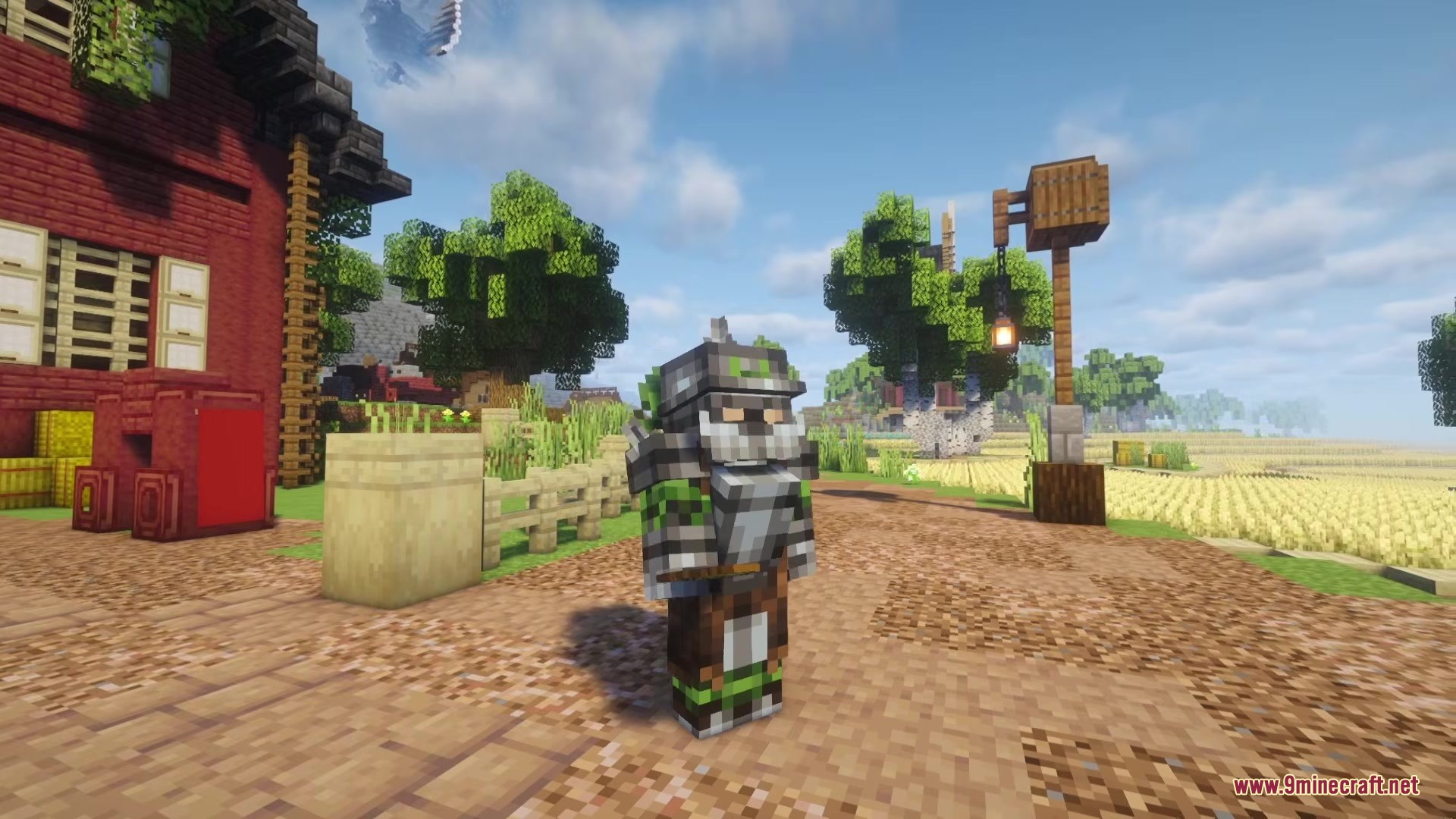 Clothing of the Lowlands Mod Screenshot 6 Minecraft player wearing grey and green fantasy armor near a red house