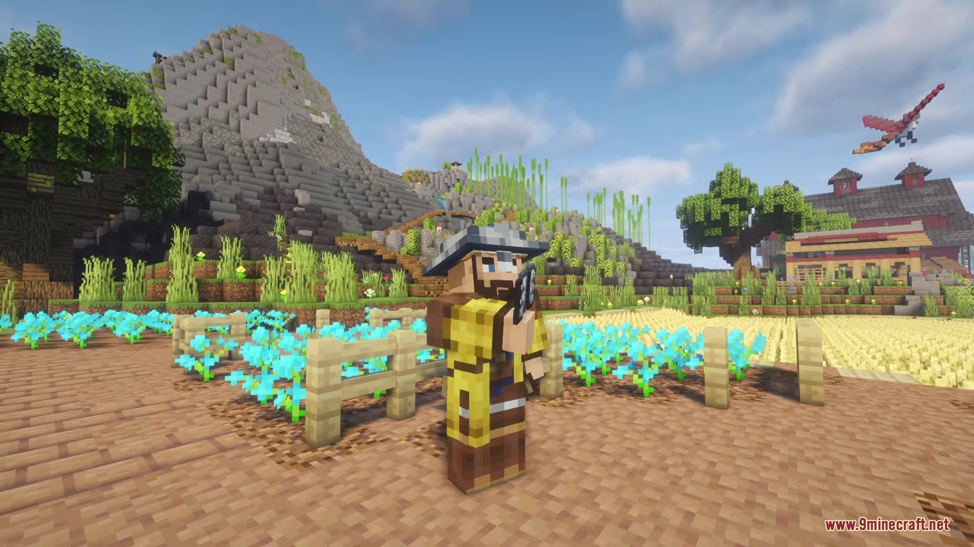 Clothing of the Lowlands Mod Screenshot 7 A player wearing yellow mercenary armor stands in a field of blue flowers