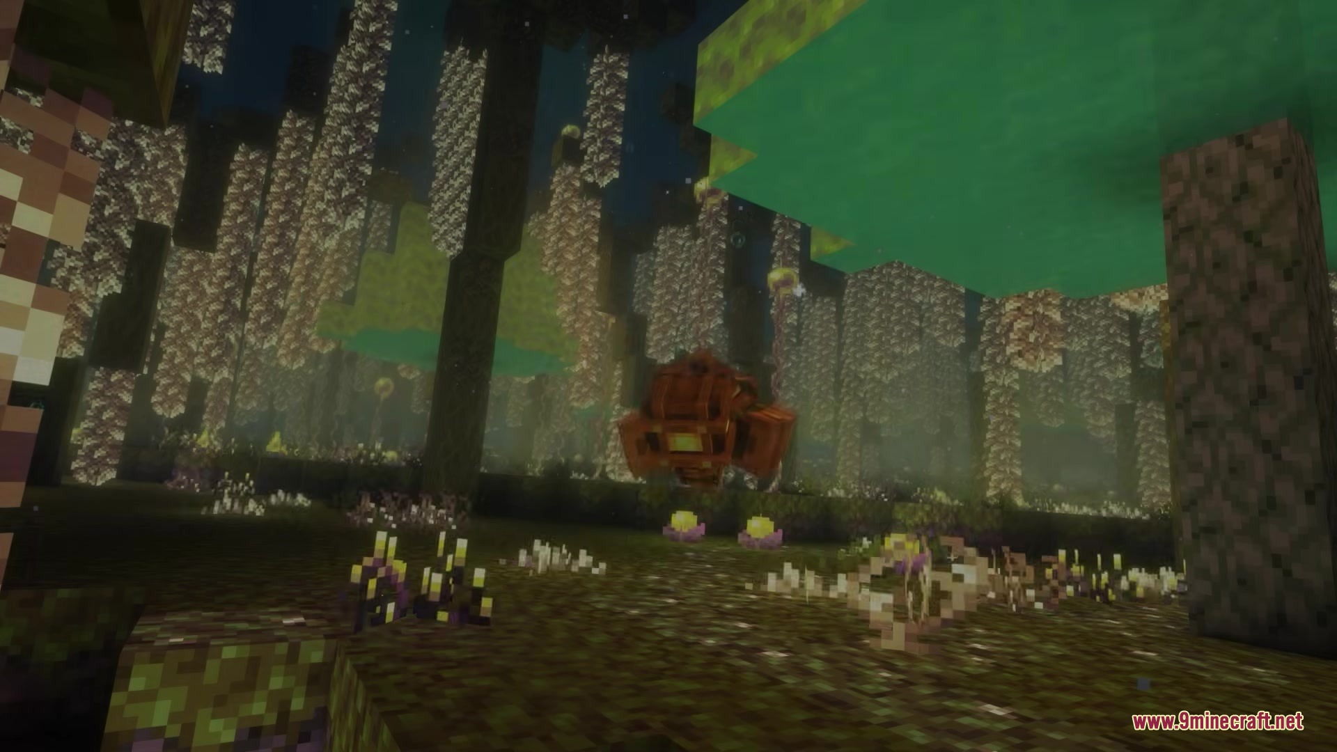 Clothing of the Lowlands Mod Screenshot 8 Glowing plants and a floating wooden object in a dark fantasy forest biome