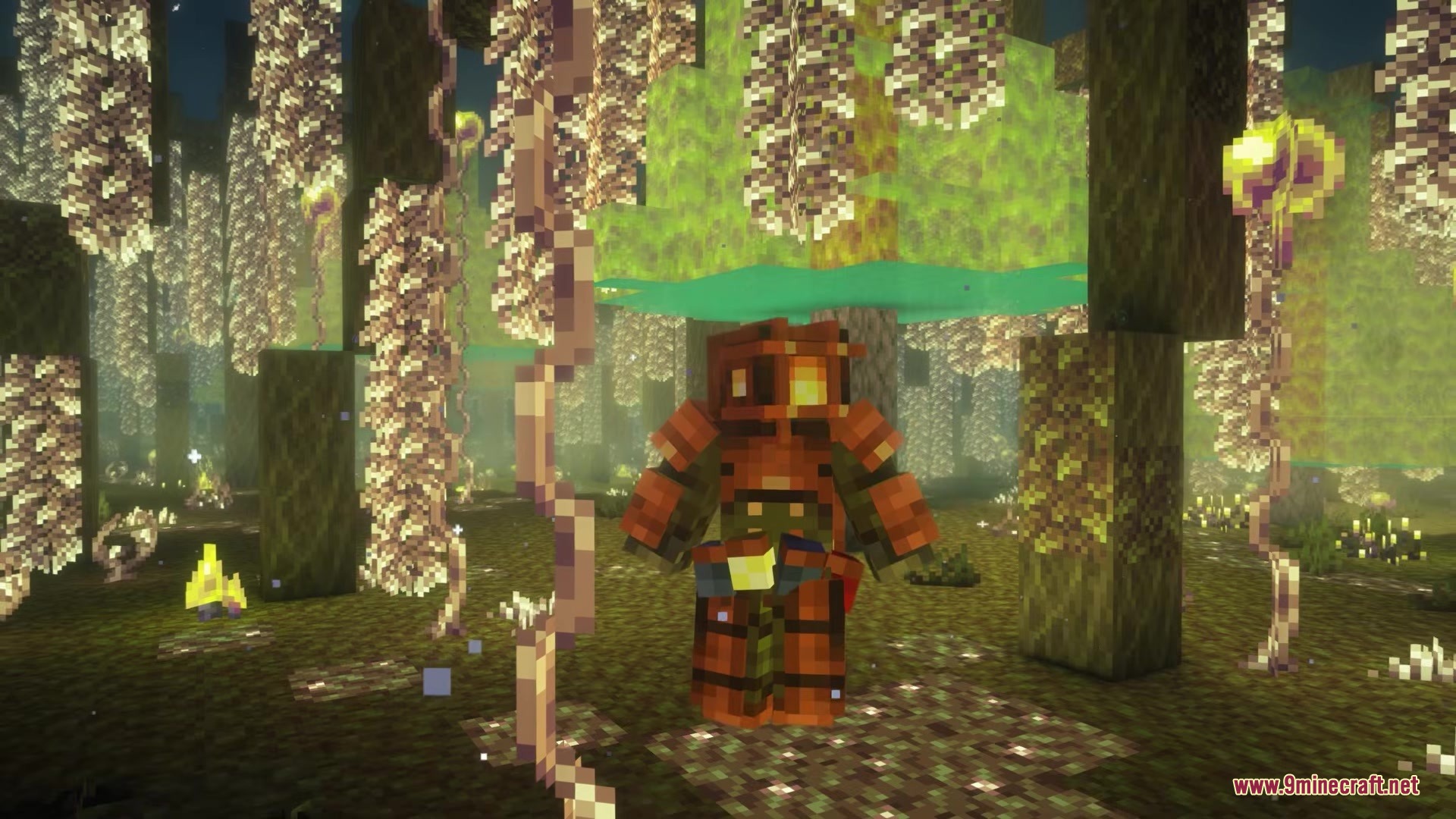 Clothing of the Lowlands Mod Screenshot 9 A player wearing ForgeMaster Armor stands in a forest with hanging vines