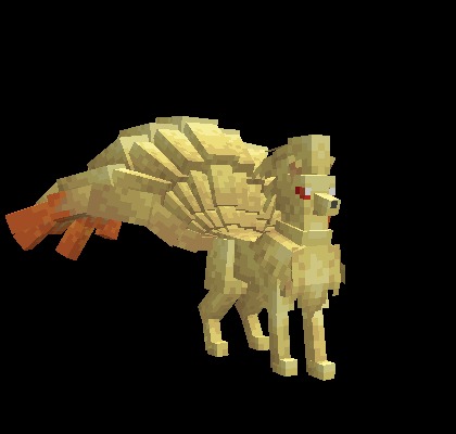 A blocky Ninetales model with nine tails and red eyes in Minecraft