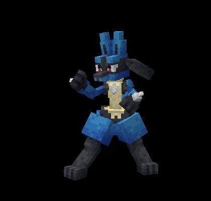 A blocky Lucario model posing for battle against a dark background