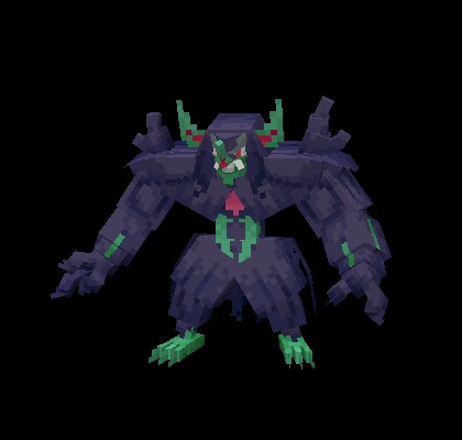 A blocky purple monster with green accents standing in a neutral pose
