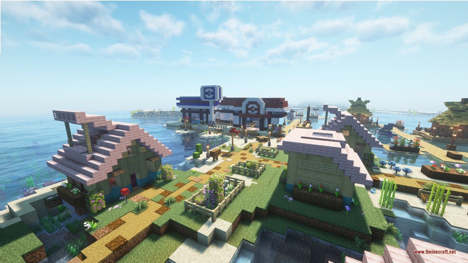 Coastal Minecraft town featuring iconic Pokemon Center and Poke Mart buildings