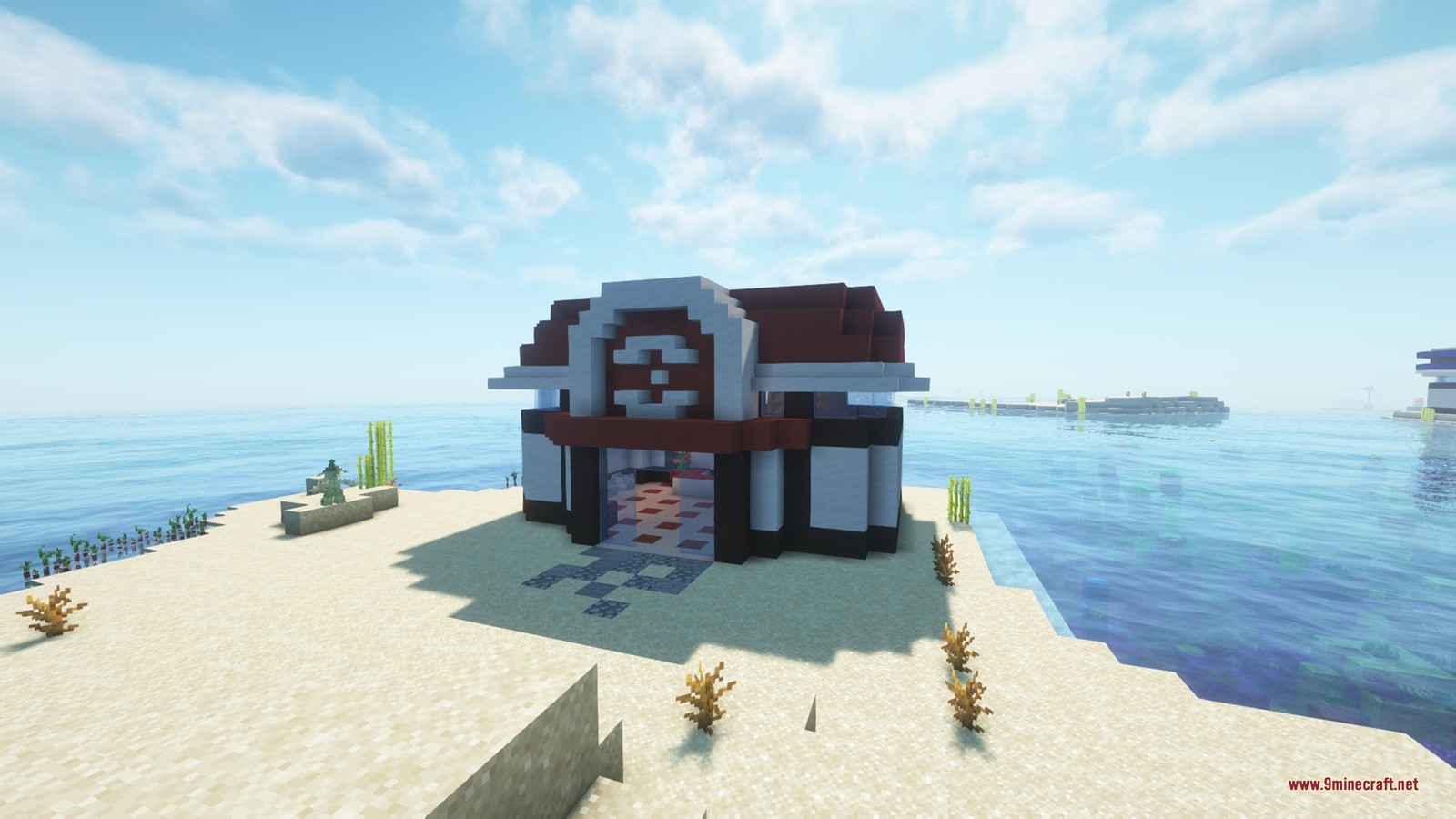 Cobble Towns Continued Pokemon center on a sandy Minecraft beach