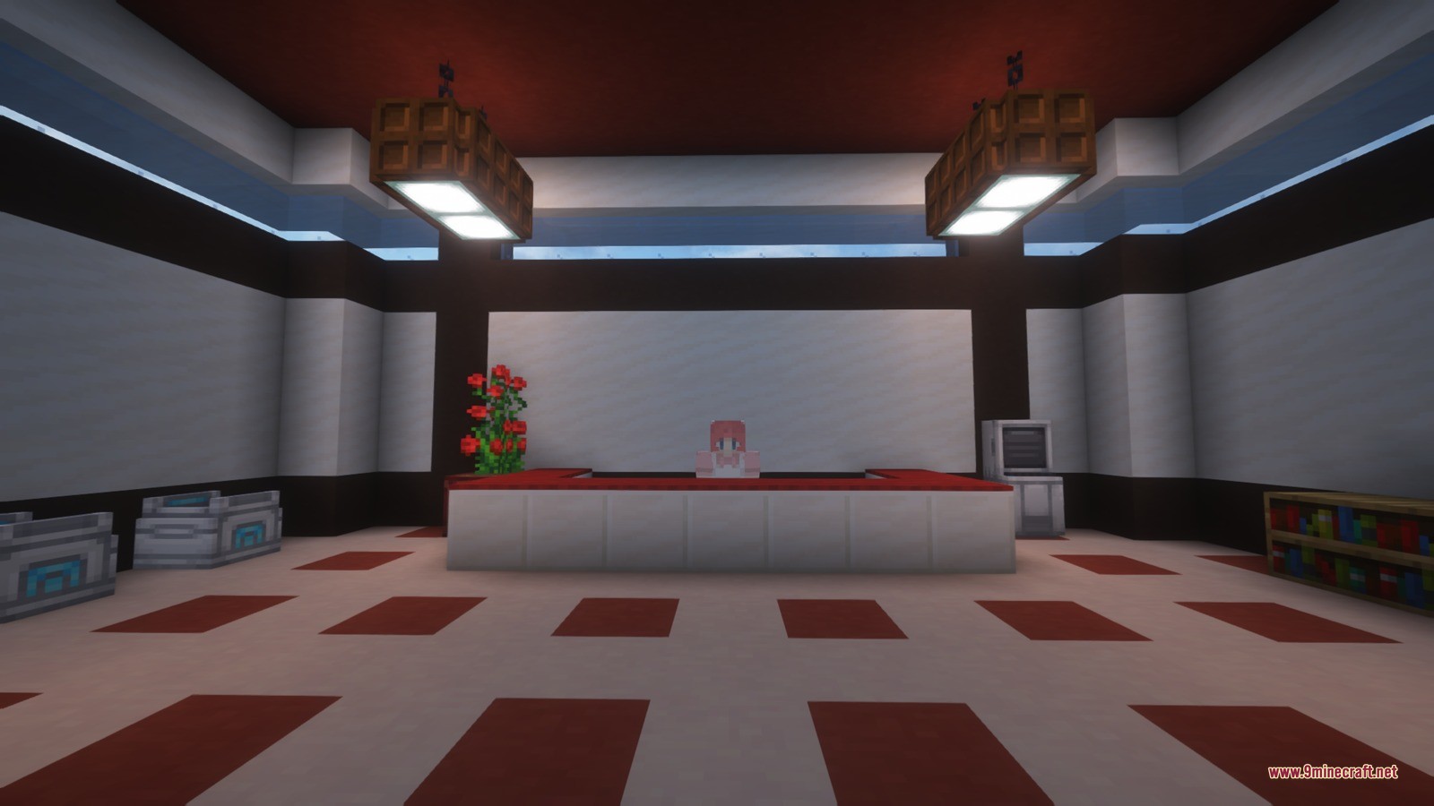 Nurse NPC behind a counter inside a Minecraft healing center