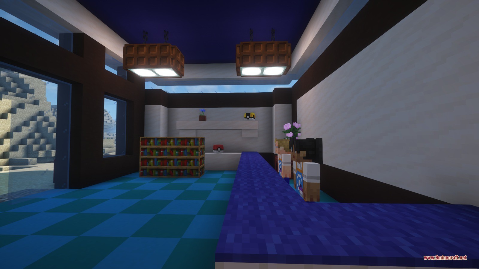 NPCs standing behind a blue counter inside a Minecraft healing center