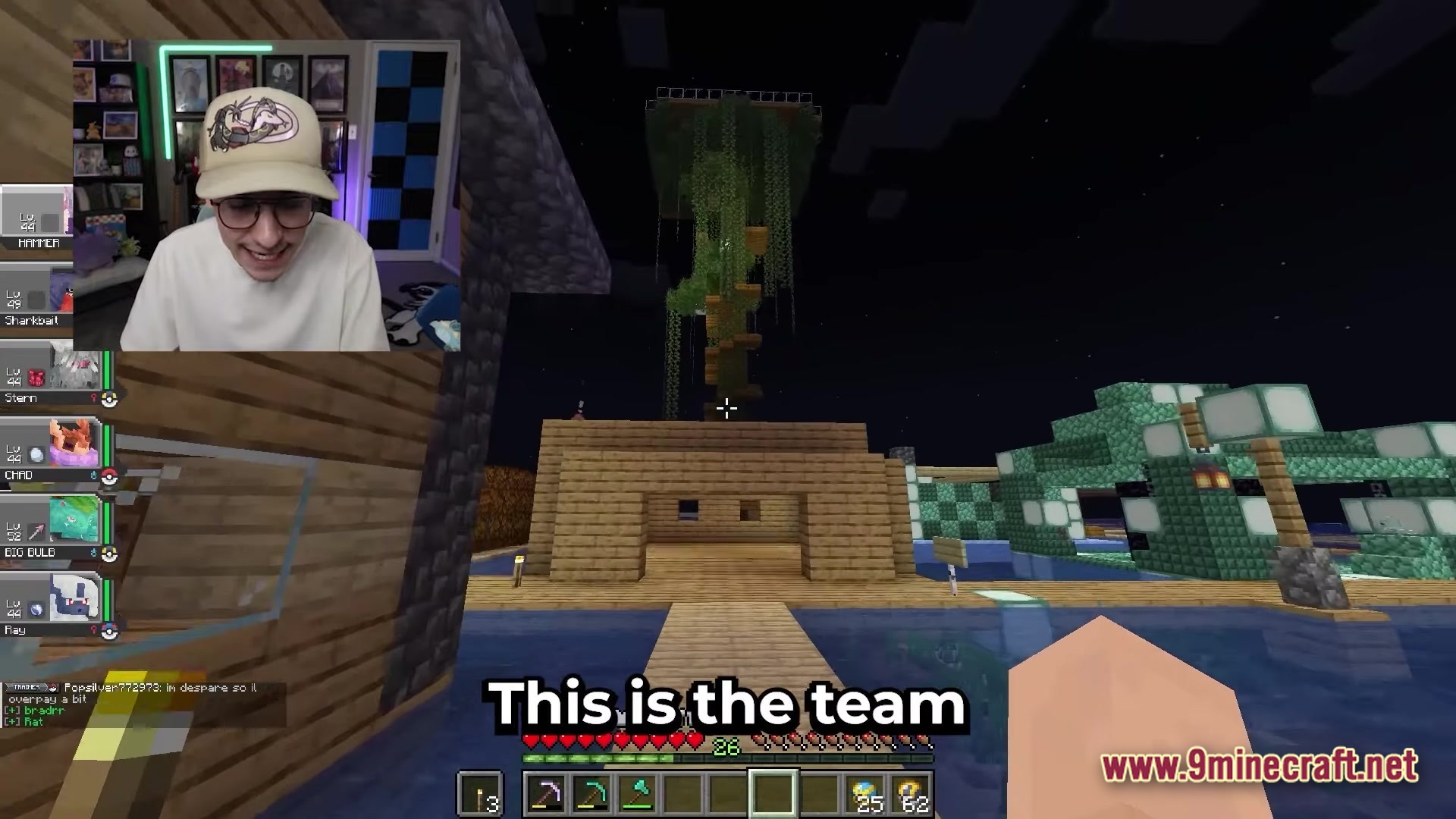 Cobblemon Brasil Modpack Screenshot 2 A player stands on a wooden dock near custom structures and a floating island at night