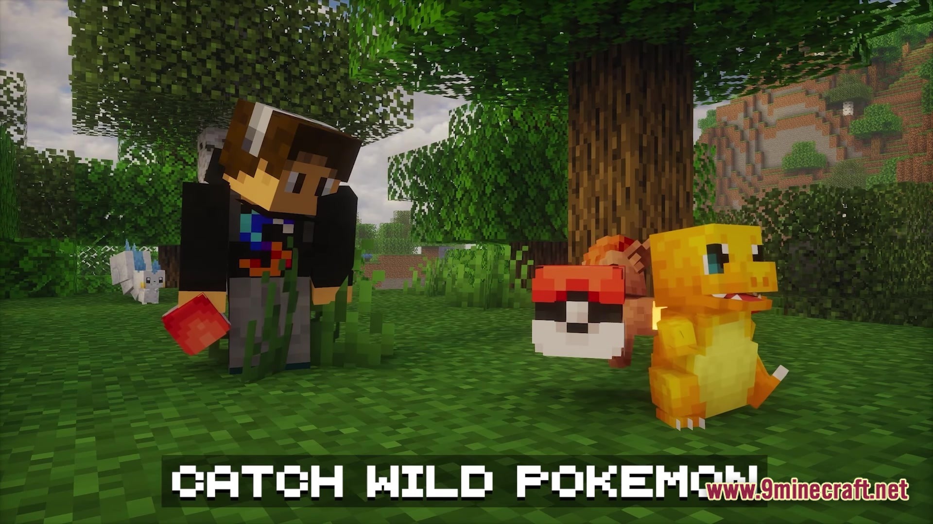Cobblemon Brasil Modpack Screenshot 4 A player character attempts to catch a wild Charmander using a Poké Ball in a forest biome