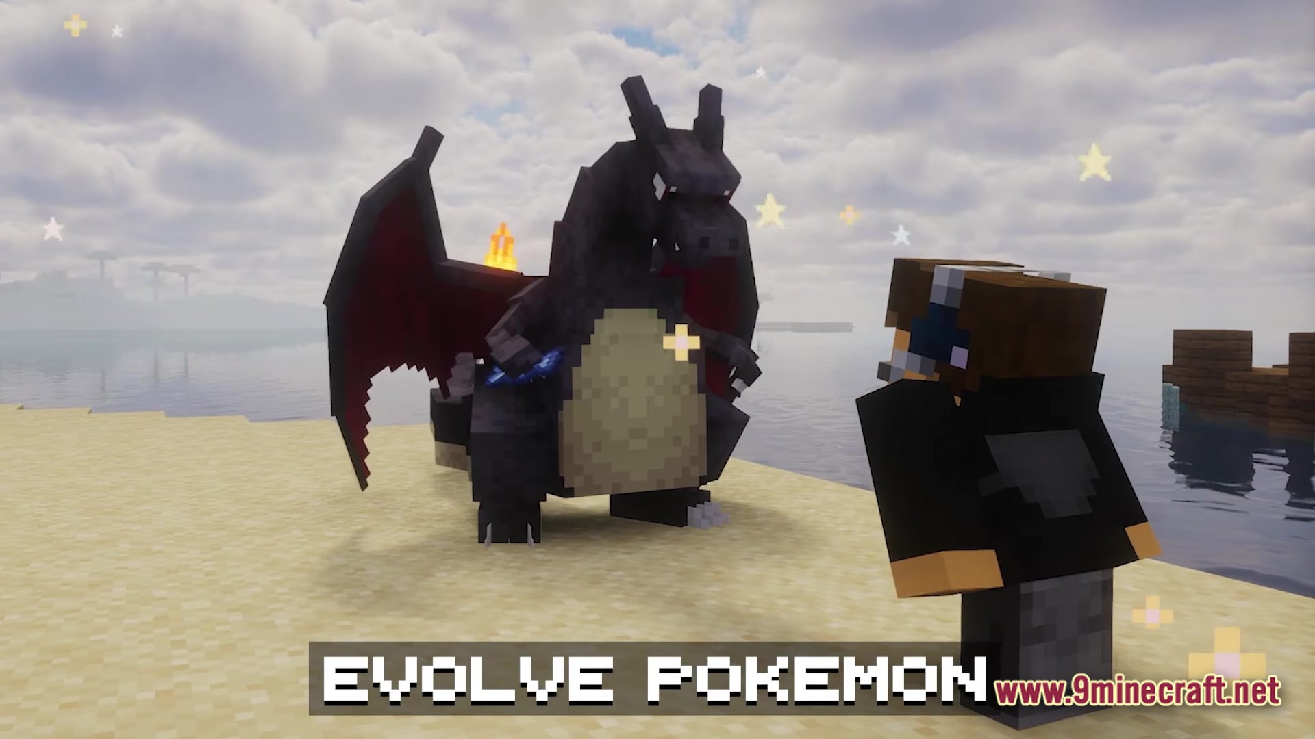 Cobblemon Brasil Modpack Screenshot 5 A Minecraft player stands on a beach next to a shiny Charizard with sparkling particle effects
