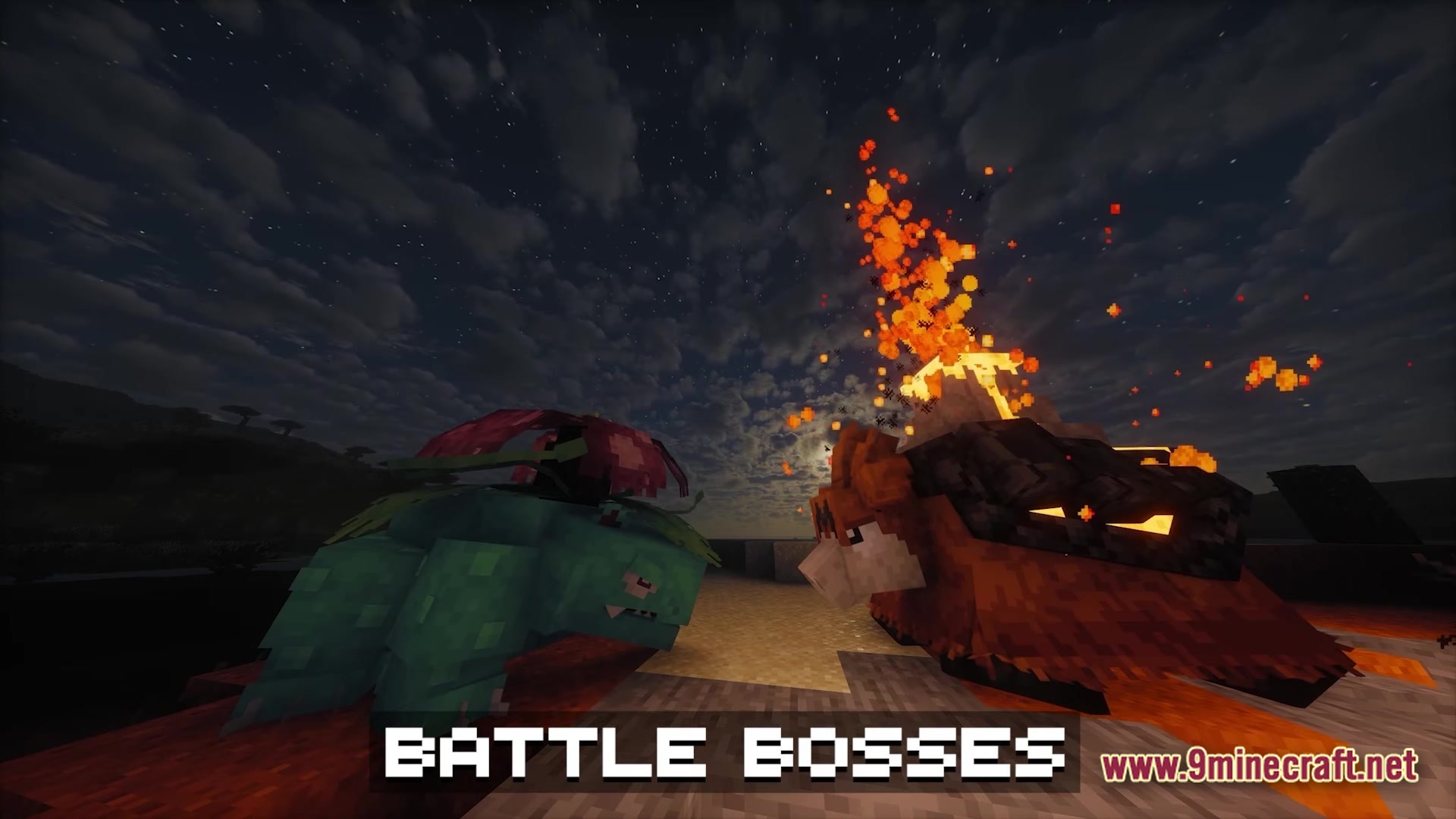Cobblemon Brasil Modpack Screenshot 6 A Venusaur and Camerupt face each other during a nighttime battle in the Cobblemon Brasil modpack