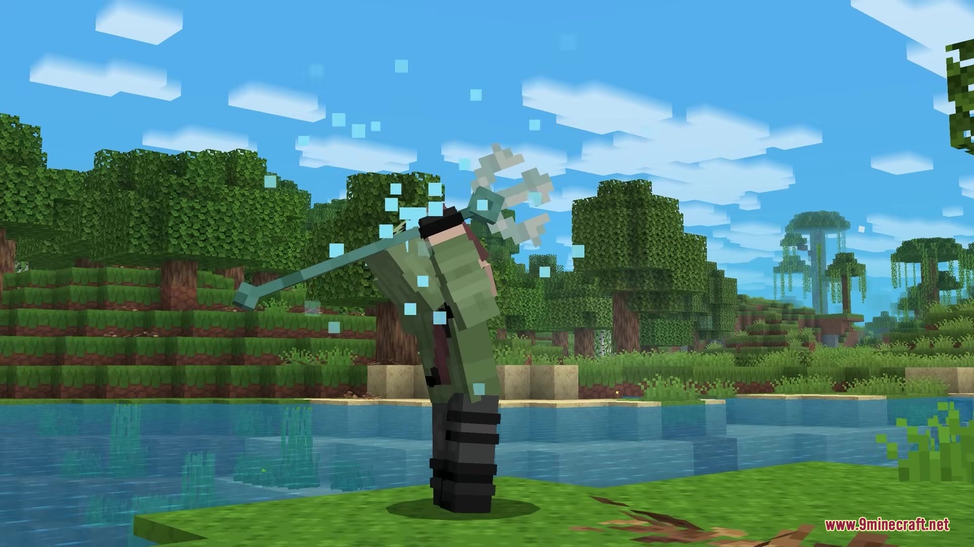 Combat Effects by Shiny Mod Screenshot 2 Player preparing to throw a trident with blue charging particles near the water
