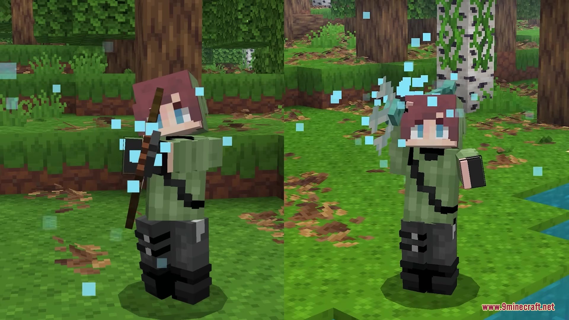 Combat Effects by Shiny Mod Screenshot 3 Blue charging particles appear around a Minecraft player pulling back a bow
