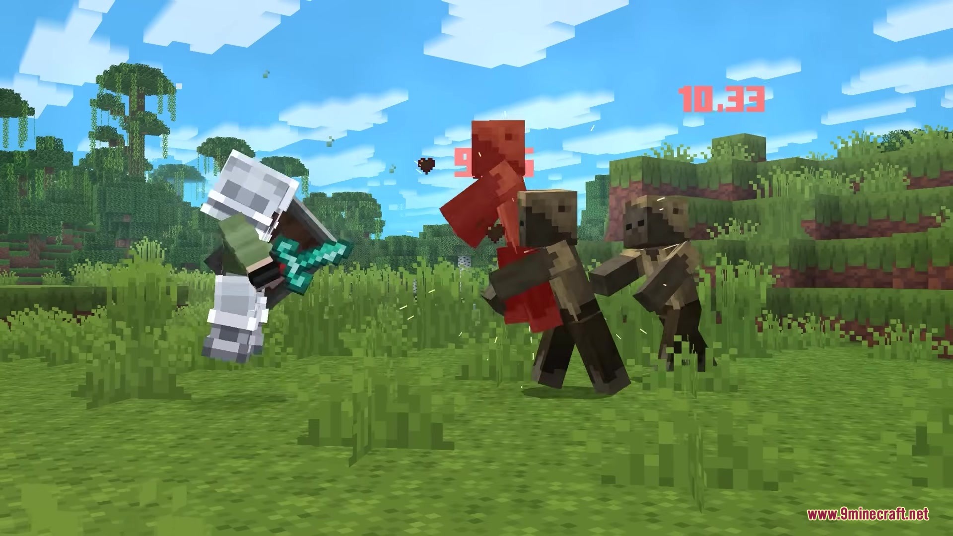 Combat Effects by Shiny Mod Screenshot 5 A player attacks zombies with a diamond sword showing floating damage numbers