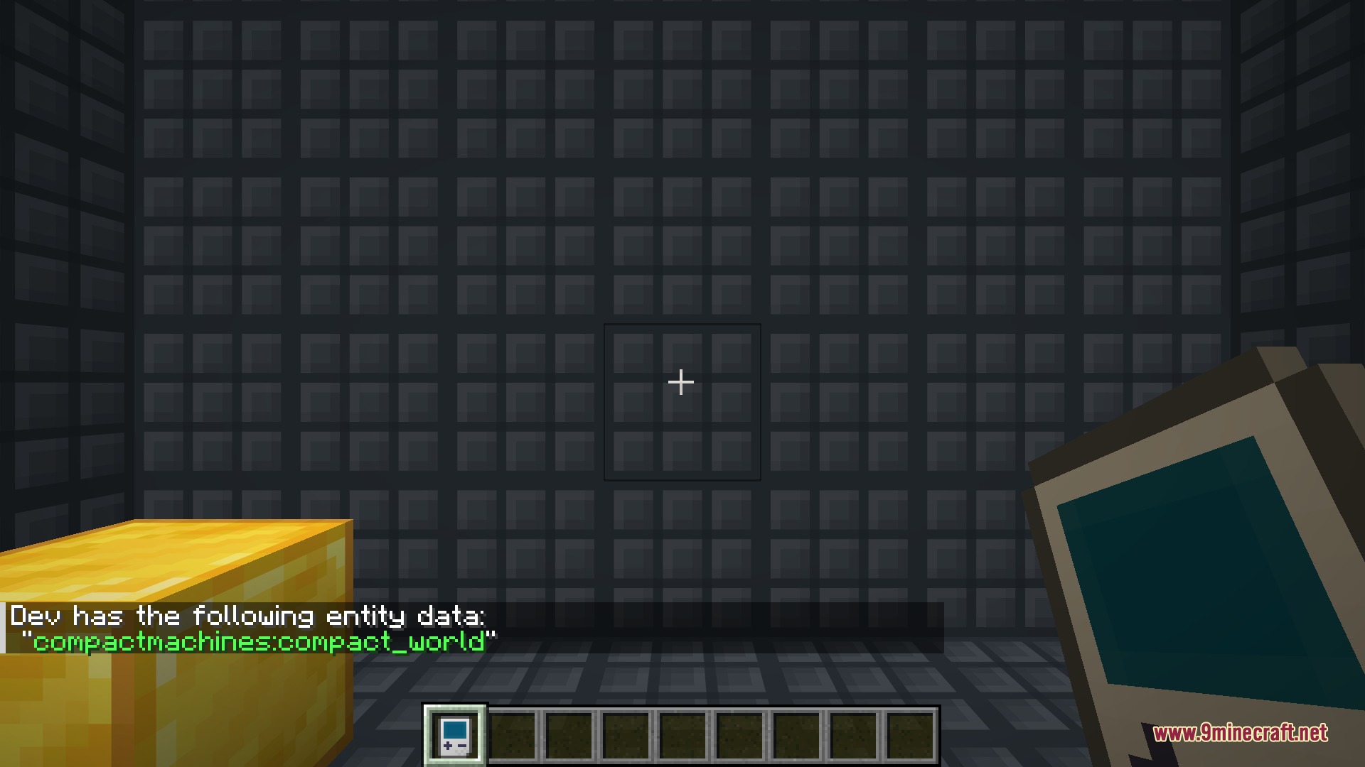 Room persistence in action - a gold block placed inside the room is still there after leaving, saving and restarting the game.