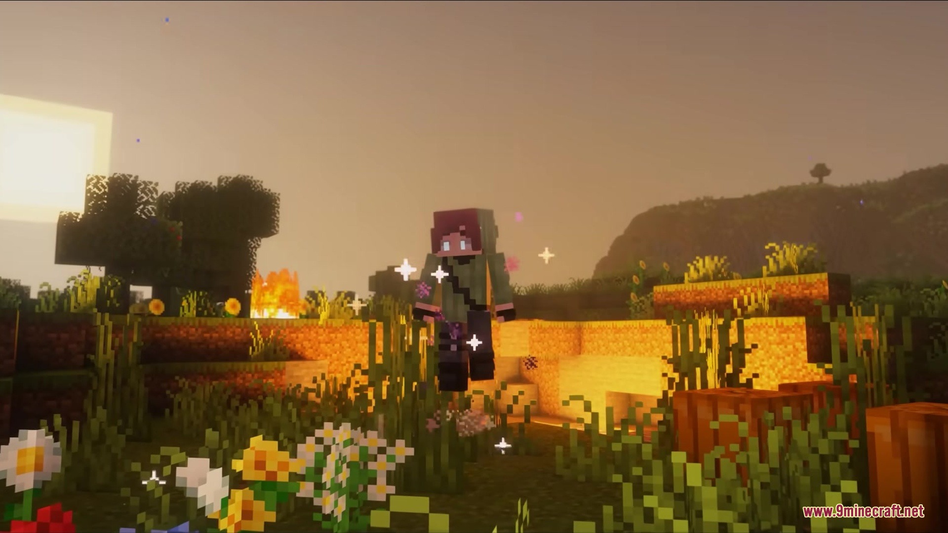 A Minecraft player standing in a flowery field surrounded by glowing white sparkles