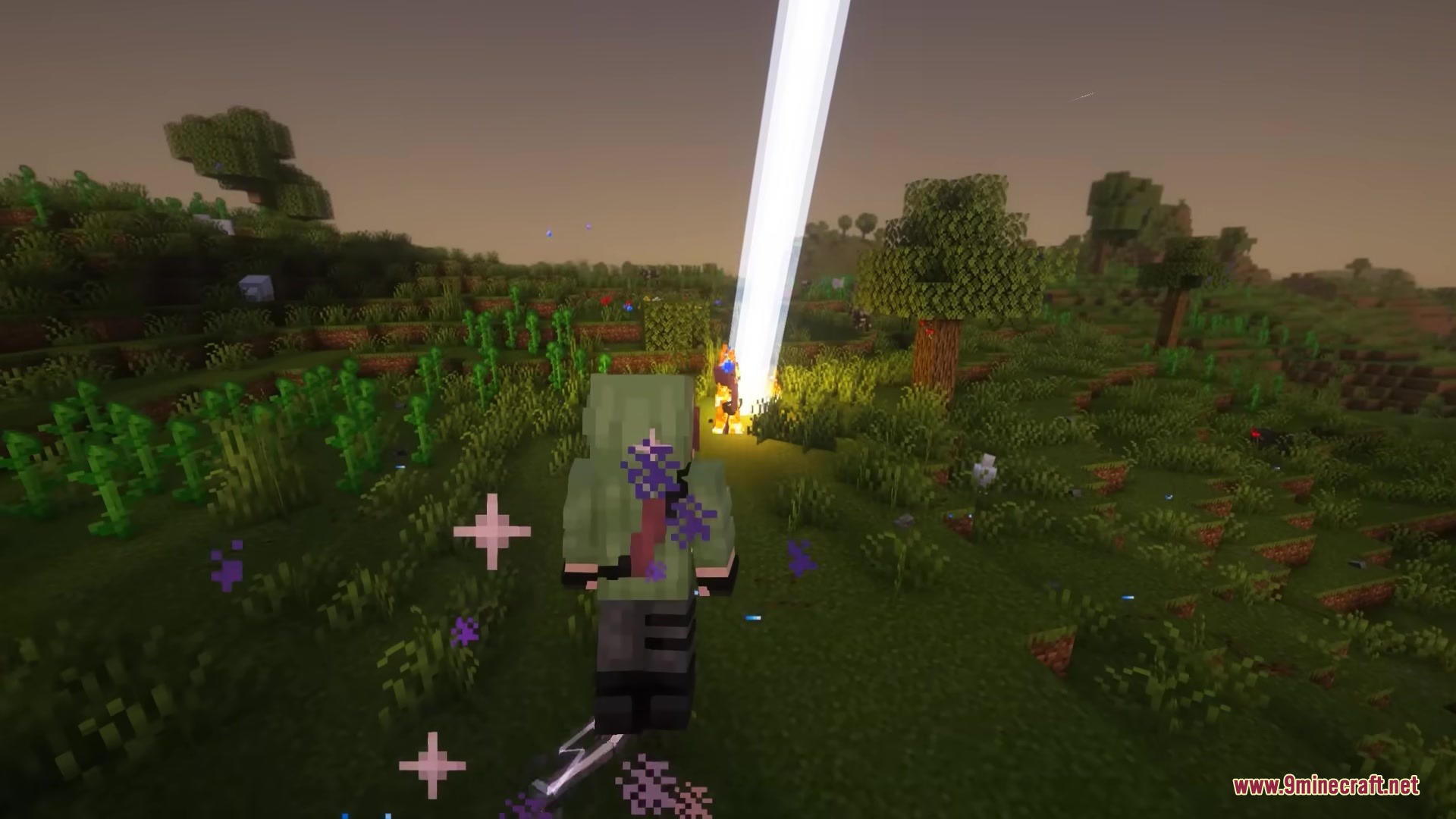 Player character shooting a powerful white laser beam from their eyes onto grass