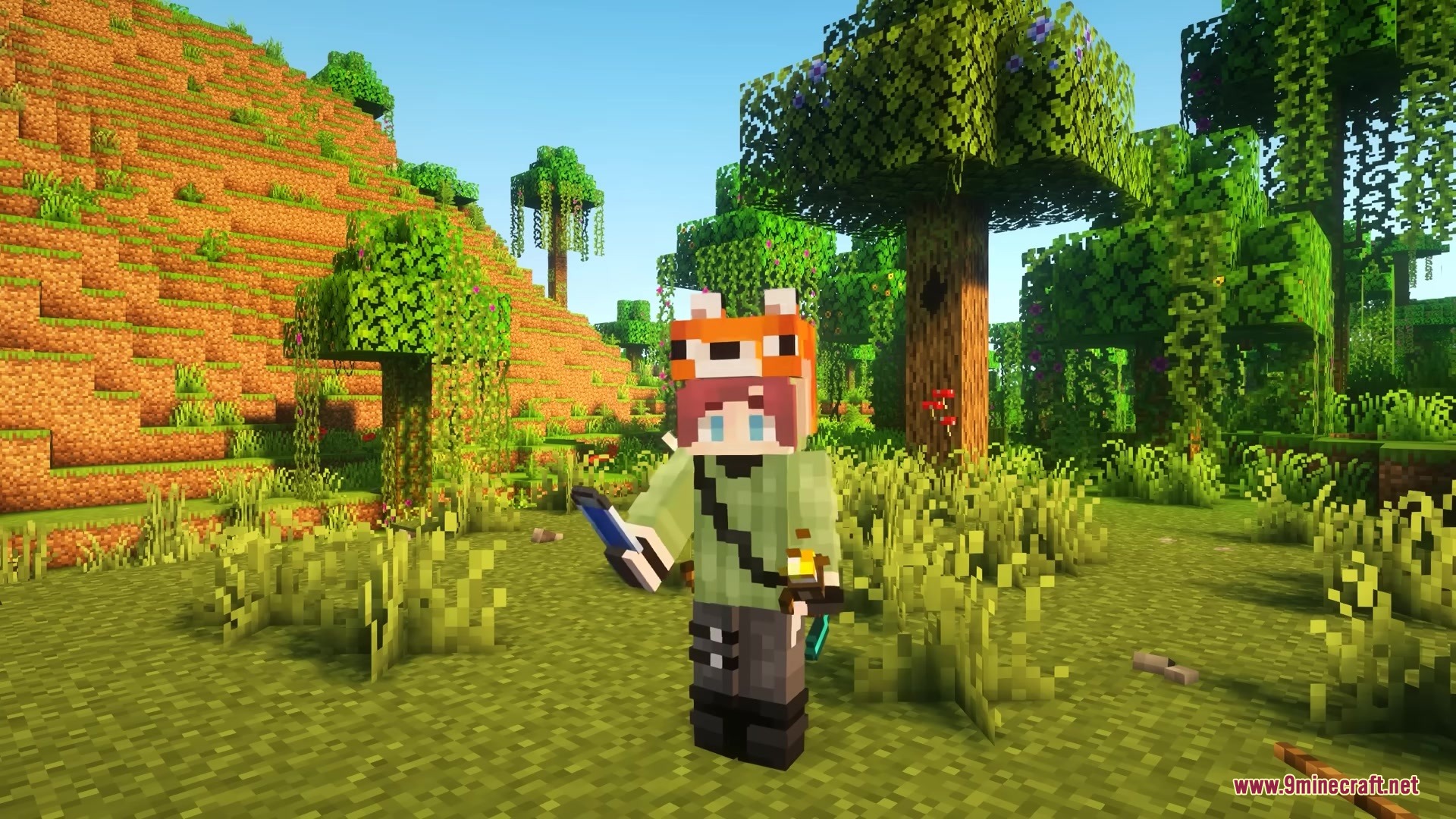A Minecraft character wearing a fox hat holds a blue potion vial