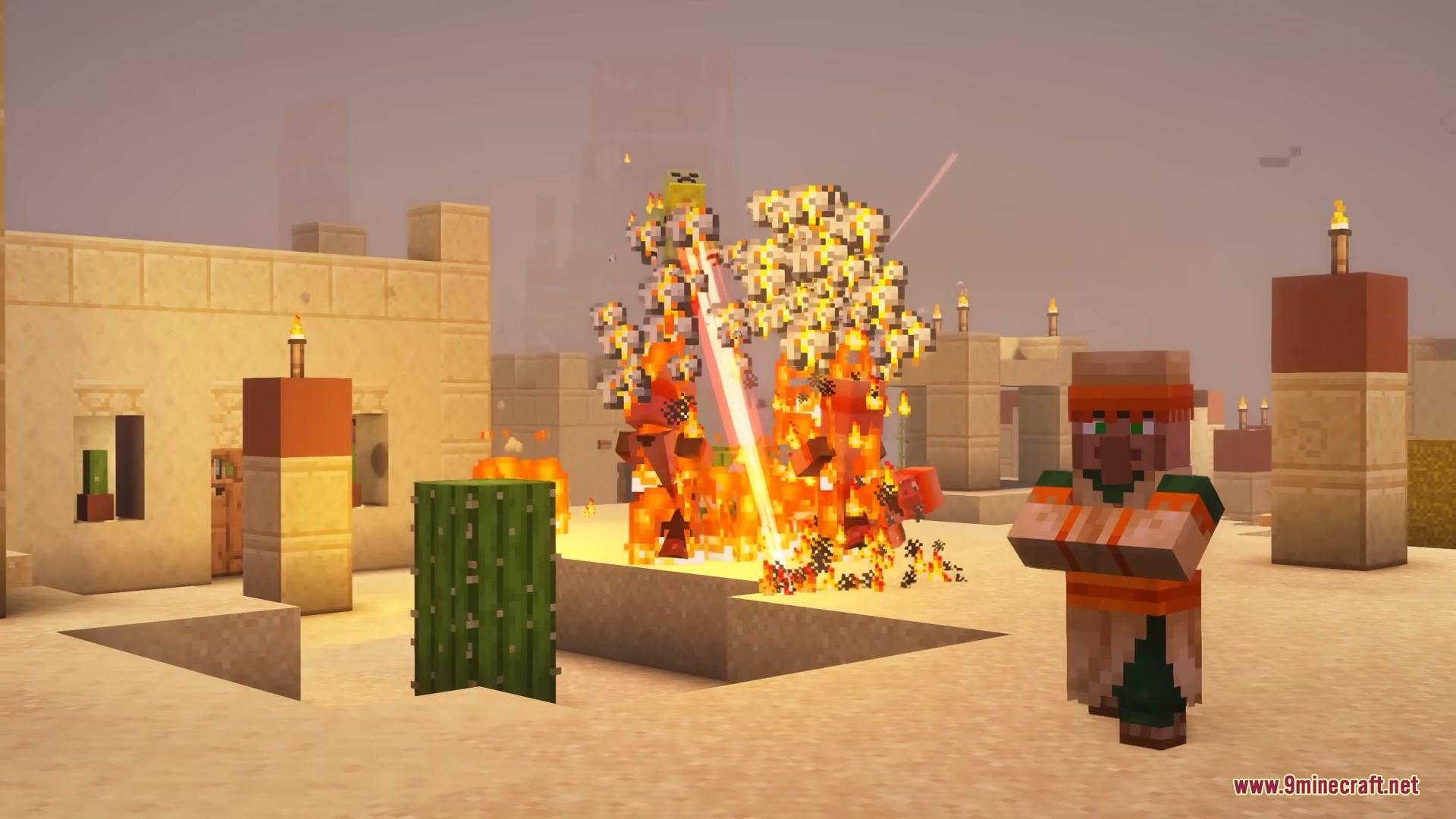 Laser beams shoot from the sky causing a large explosion in a village