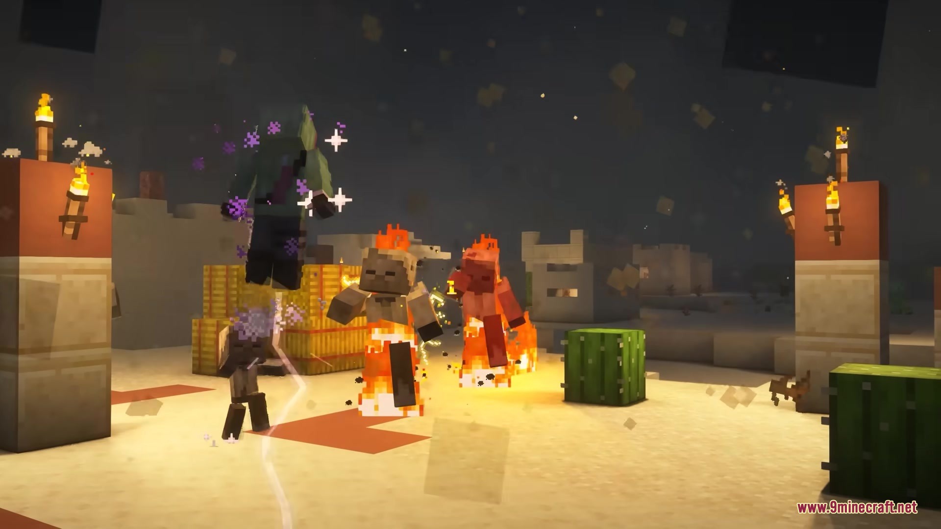 A player uses superpowers to levitate and set nearby husks on fire