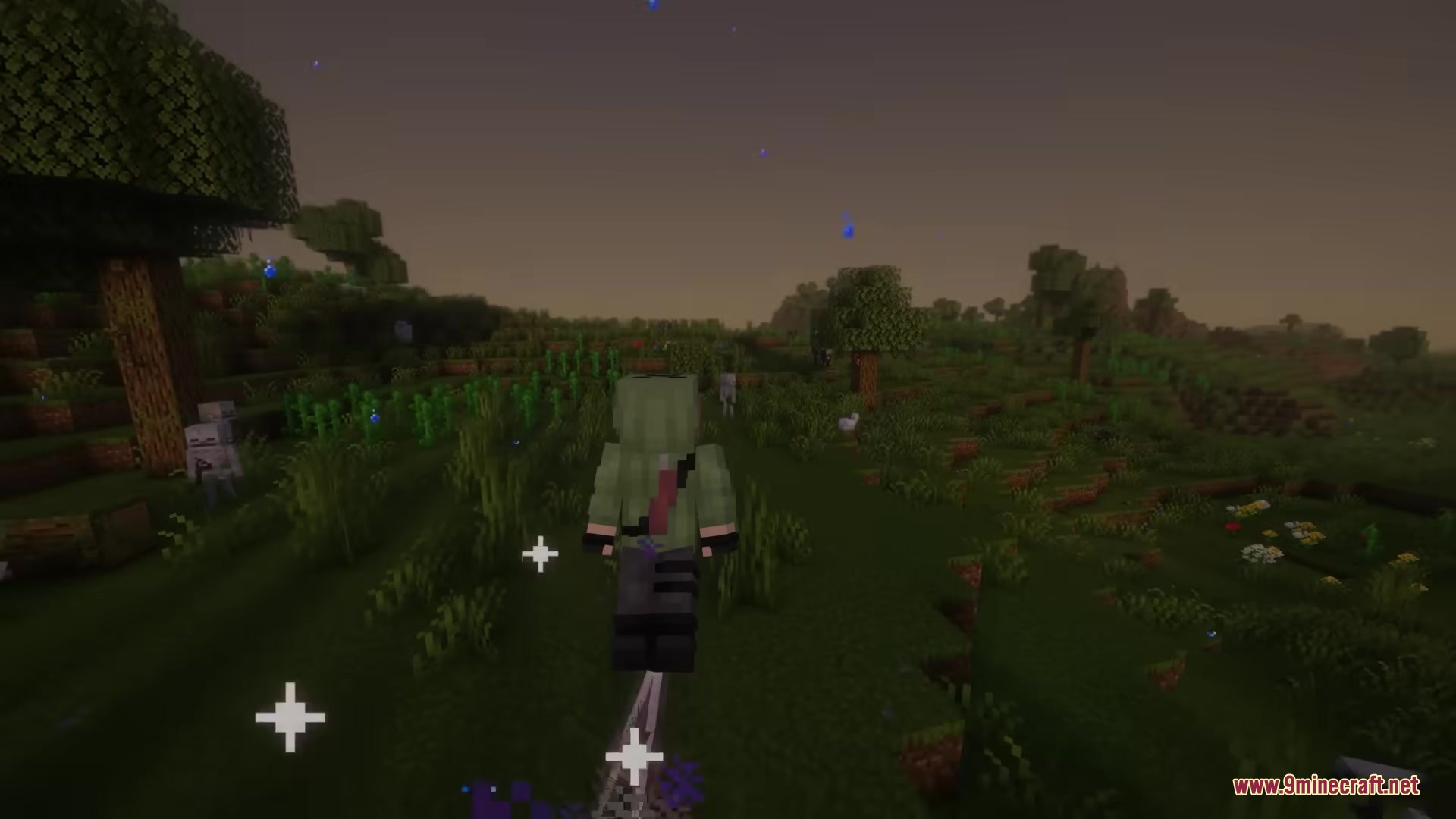 Minecraft player using Compound V Mod to fly over a grassy field