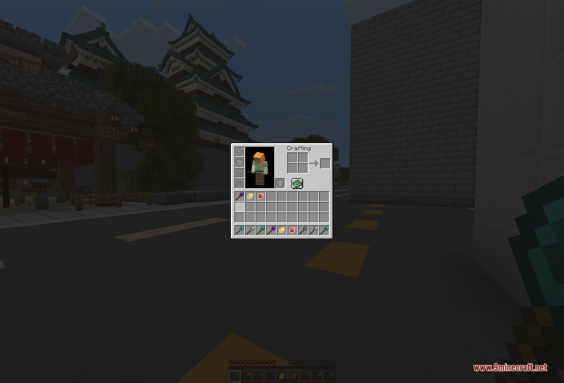 The player inventory open at dusk, showing the different wand tiers and their crafting ingredients laid out in the hotbar and inventory