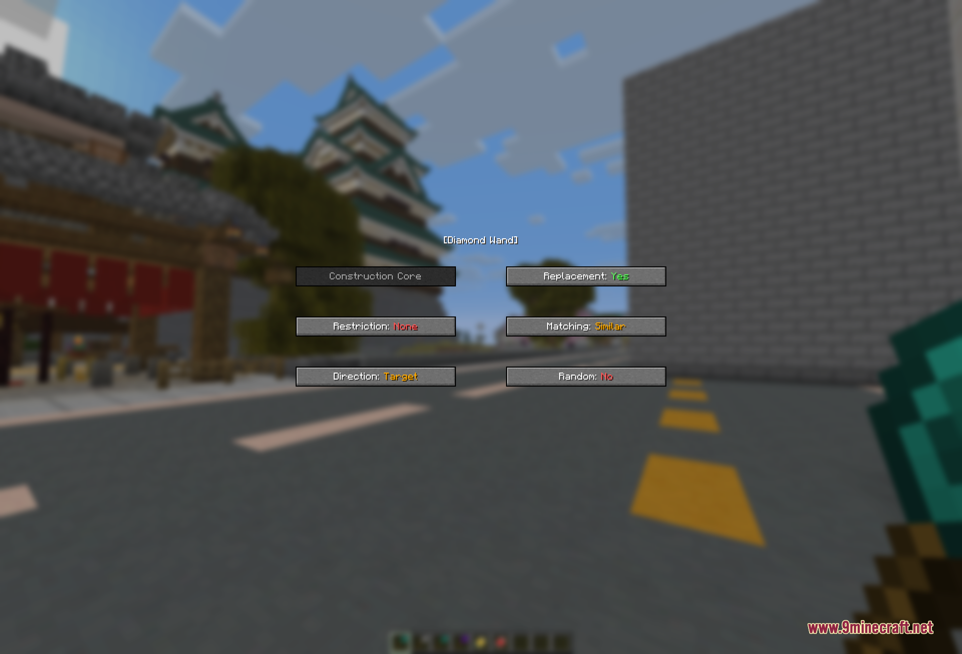 The Diamond Wand options menu open in-game, with buttons for the Construction Core, replacement, block restriction, matching mode, build direction, and random placement