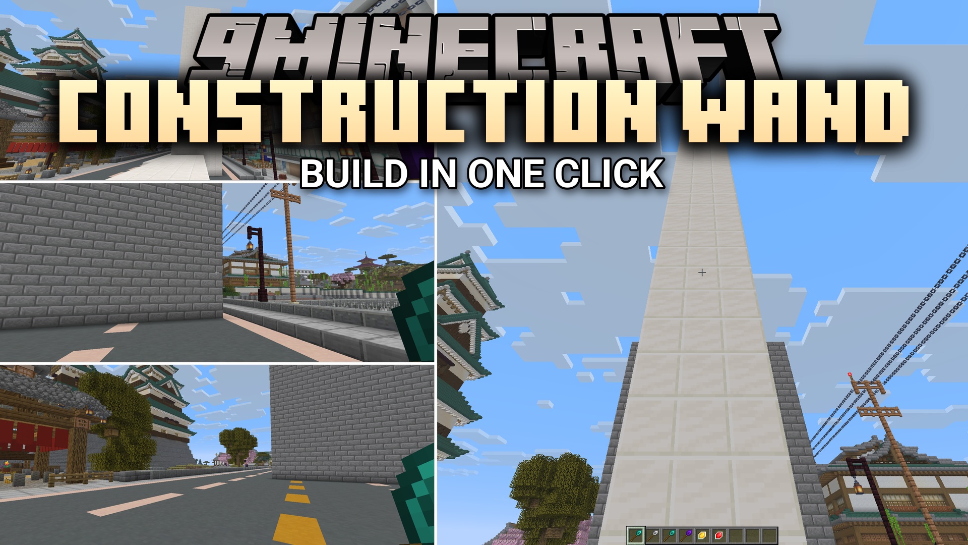 The Construction Wand 9minecraft Mod adds a set of building wands that place a whole row, wall, or floor of matching blocks in a single right-click, with Stone, Iron, Diamond, and Infinity tiers that reach from a handful of blocks up to thousands, a wand-options menu for direction, matching, and replacement, an Angel core for placing blocks in mid-air, and an undo for the last placement