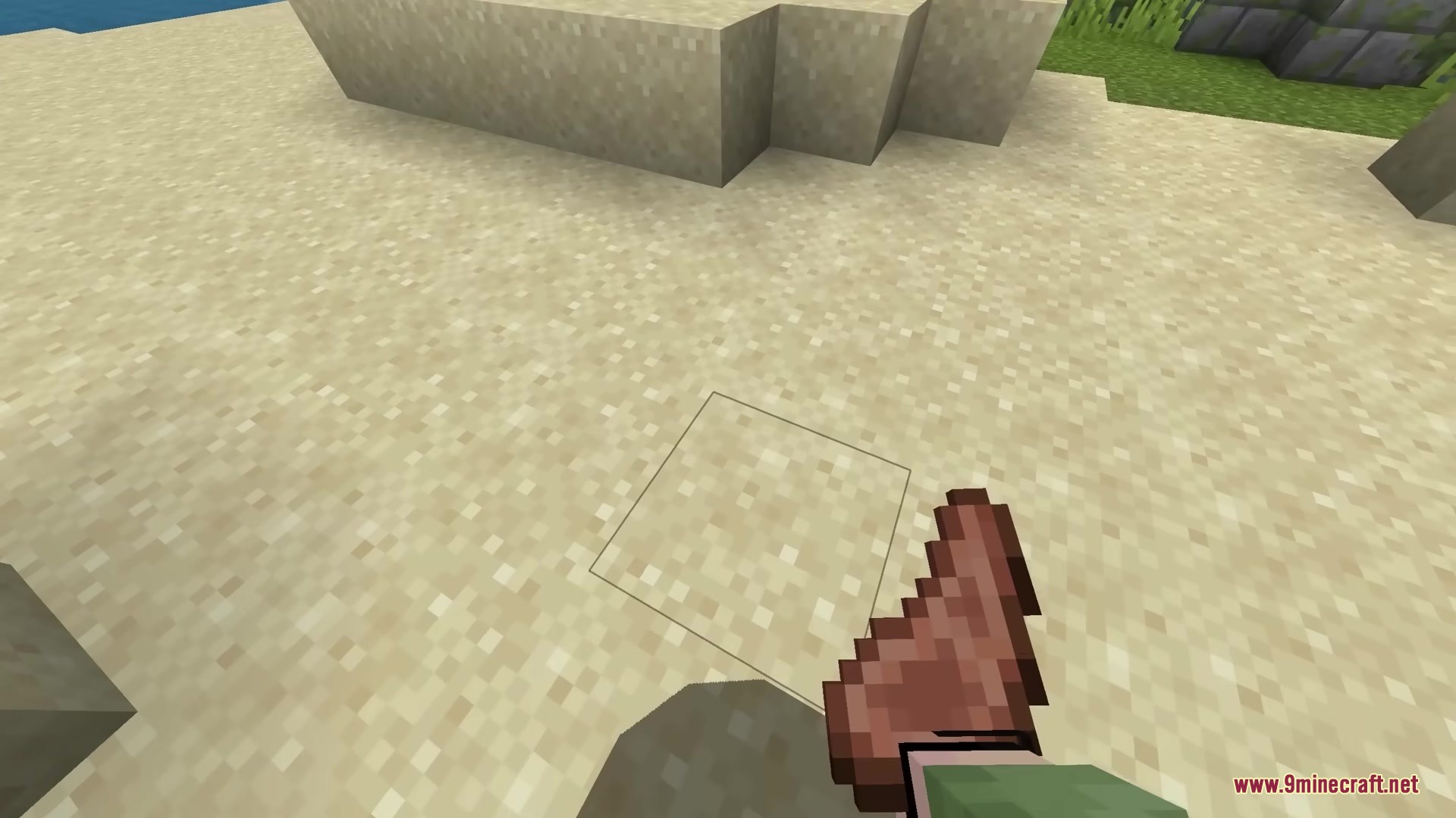Consumability Resource Pack Screenshot 4 A Minecraft player holding a piece of cooked beef over the sand