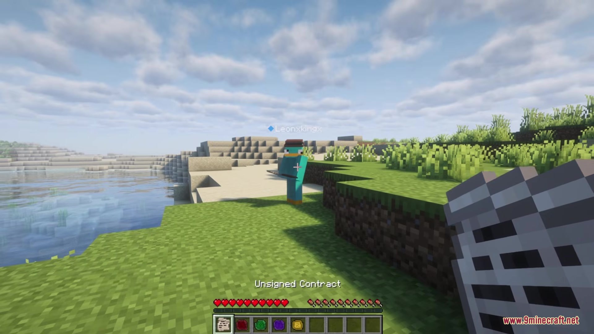 Contractual Mod Screenshot 2 Player holding an unsigned contract while looking at another player near water in Minecraft