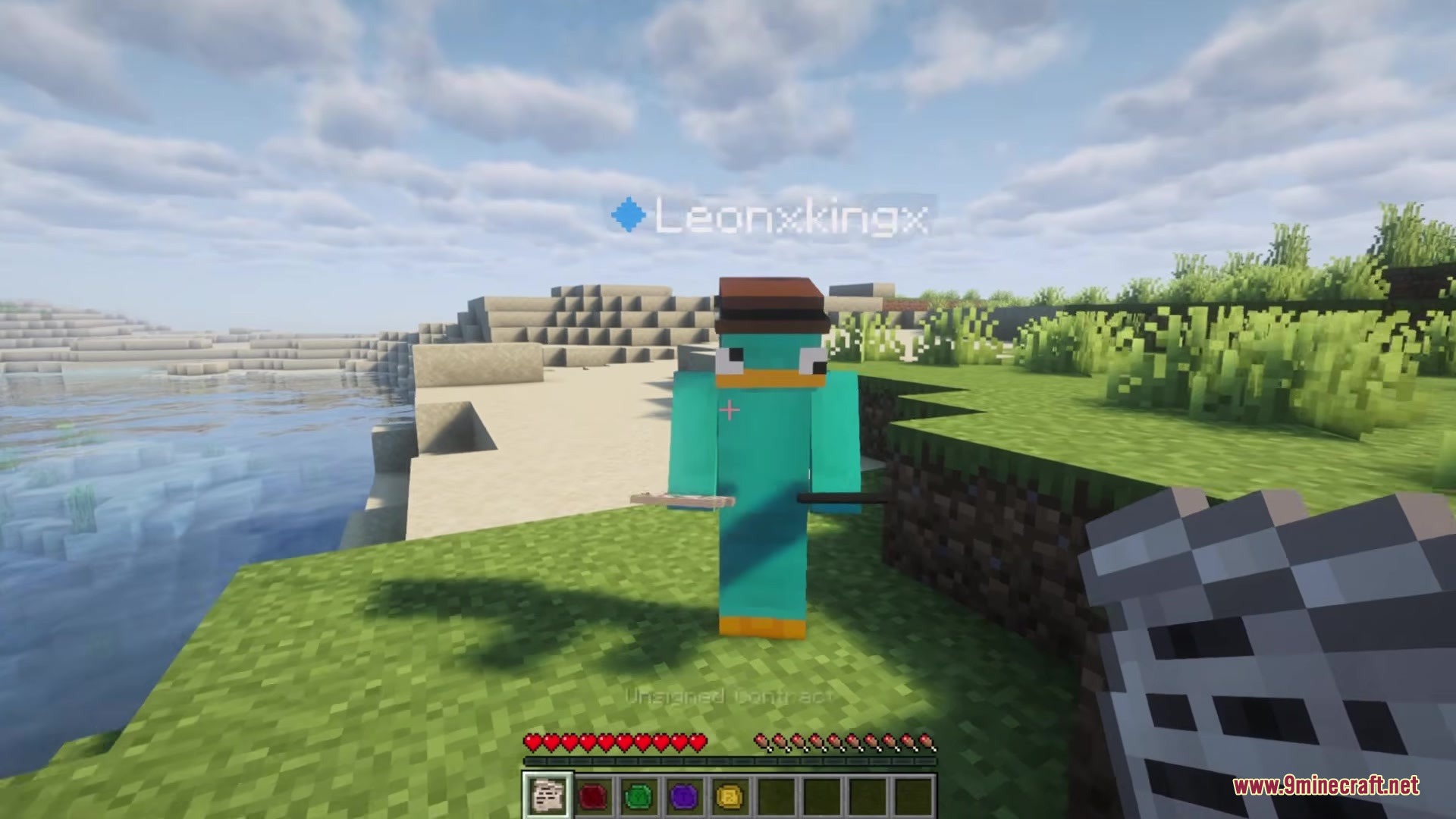 Contractual Mod Screenshot 3 A player wearing a platypus skin holds an unsigned contract and colored stamps