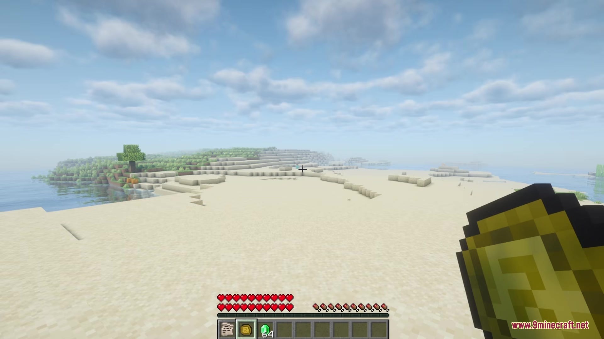 Contractual Mod Screenshot 5 Player holding a golden stamp item while standing on a sunny beach