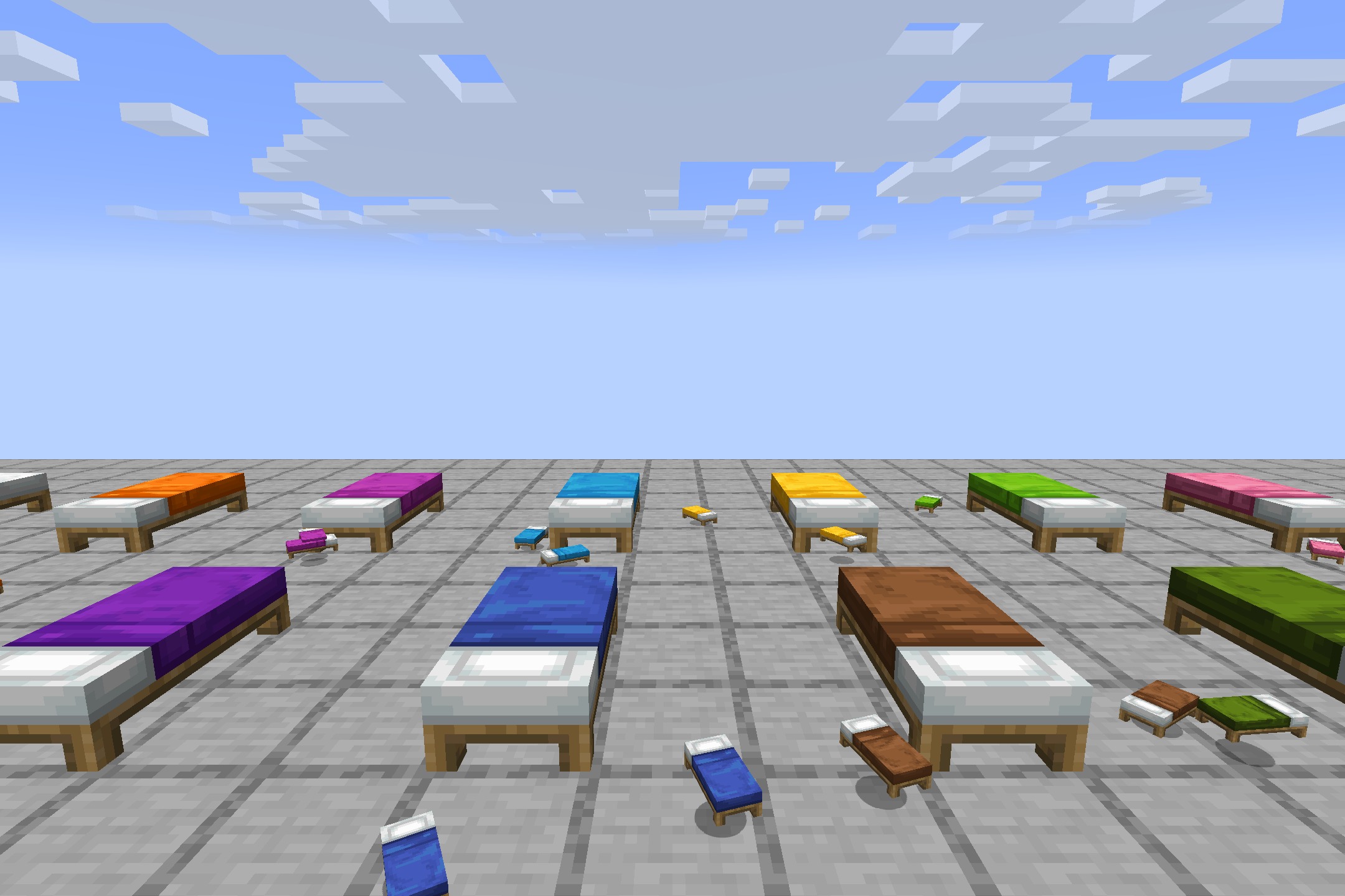 Various colored beds displayed on a grid showing different blanket textures and models