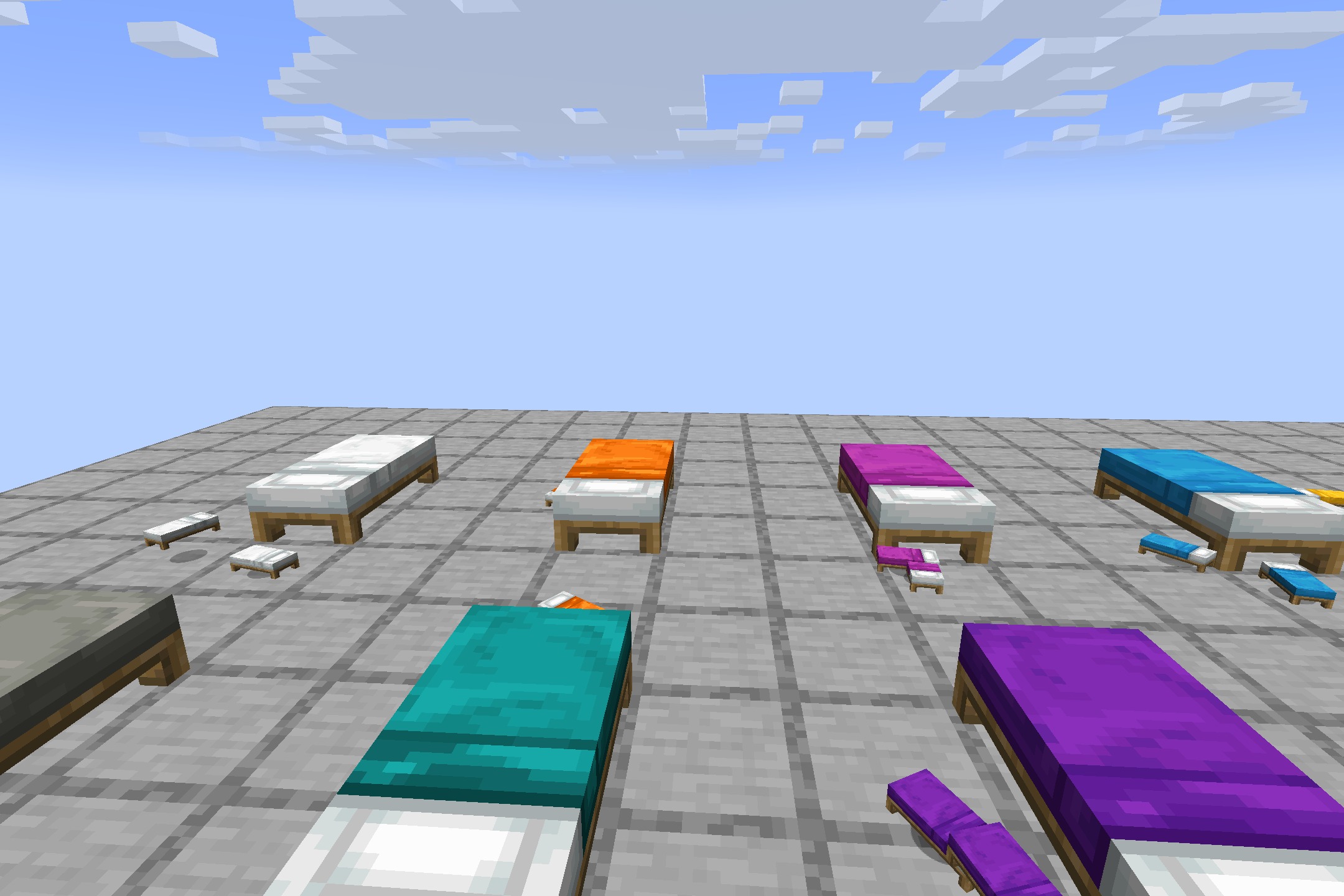Cozy Beds resource pack showcasing various colored beds on a gray grid floor